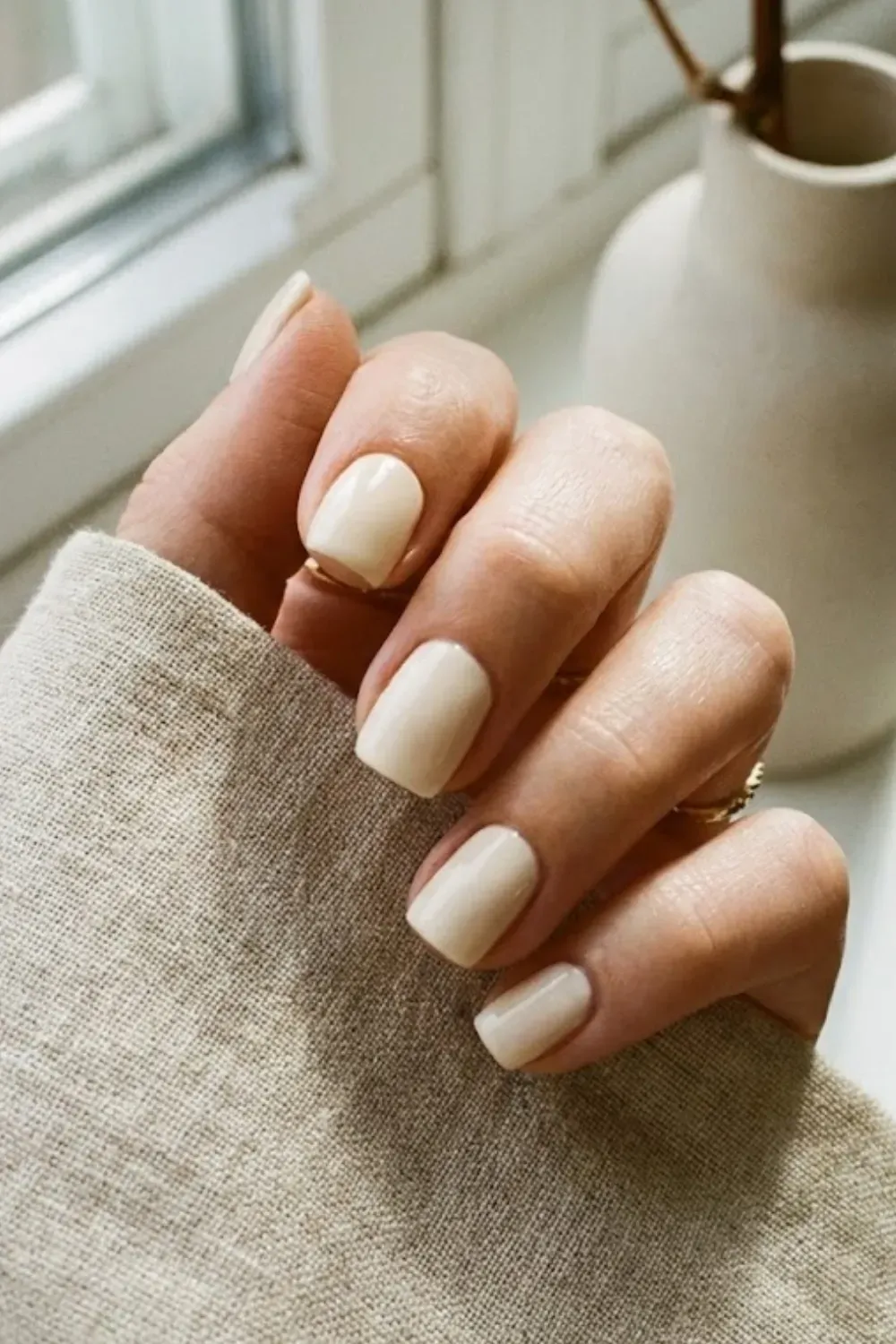 Short square nails in a solid creamy ivory color.