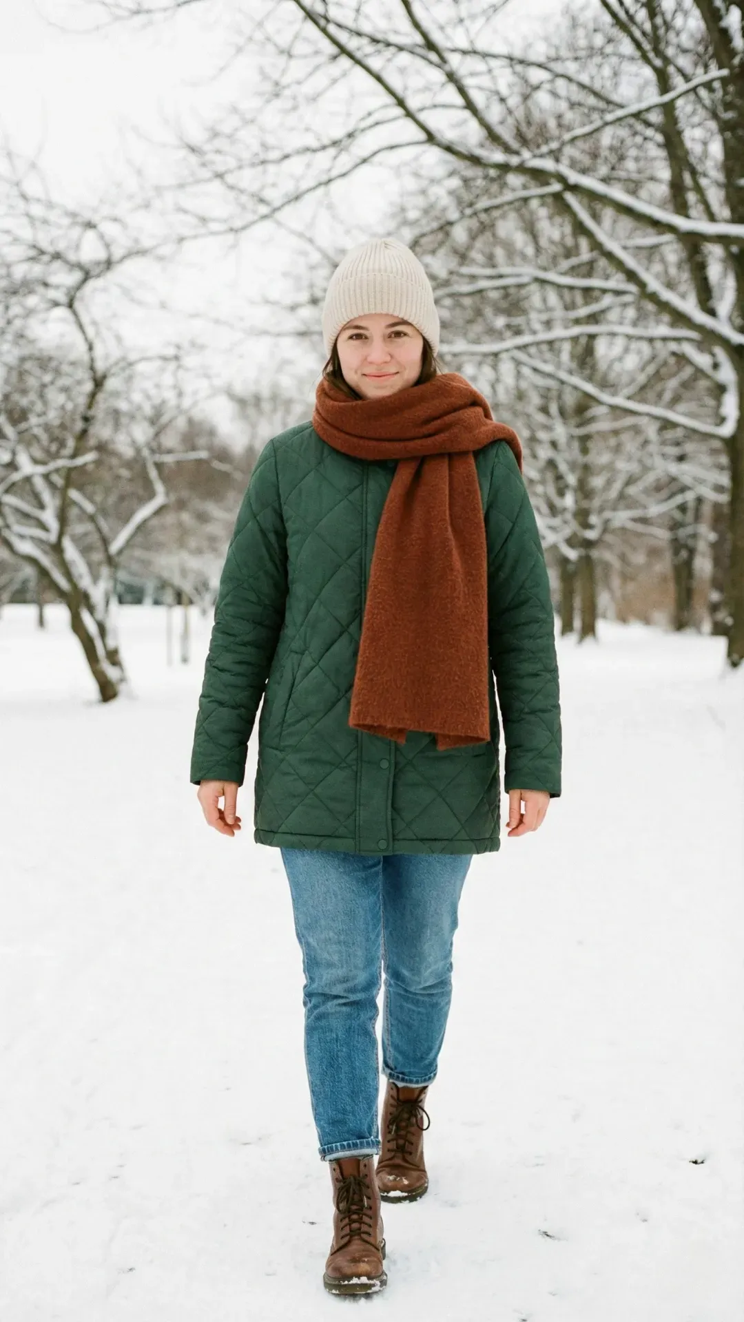 Forest Green Quilted Jacket – Woman walking in a snowy park wearing a green quilted jacket and an oversized rust-colored scarf.