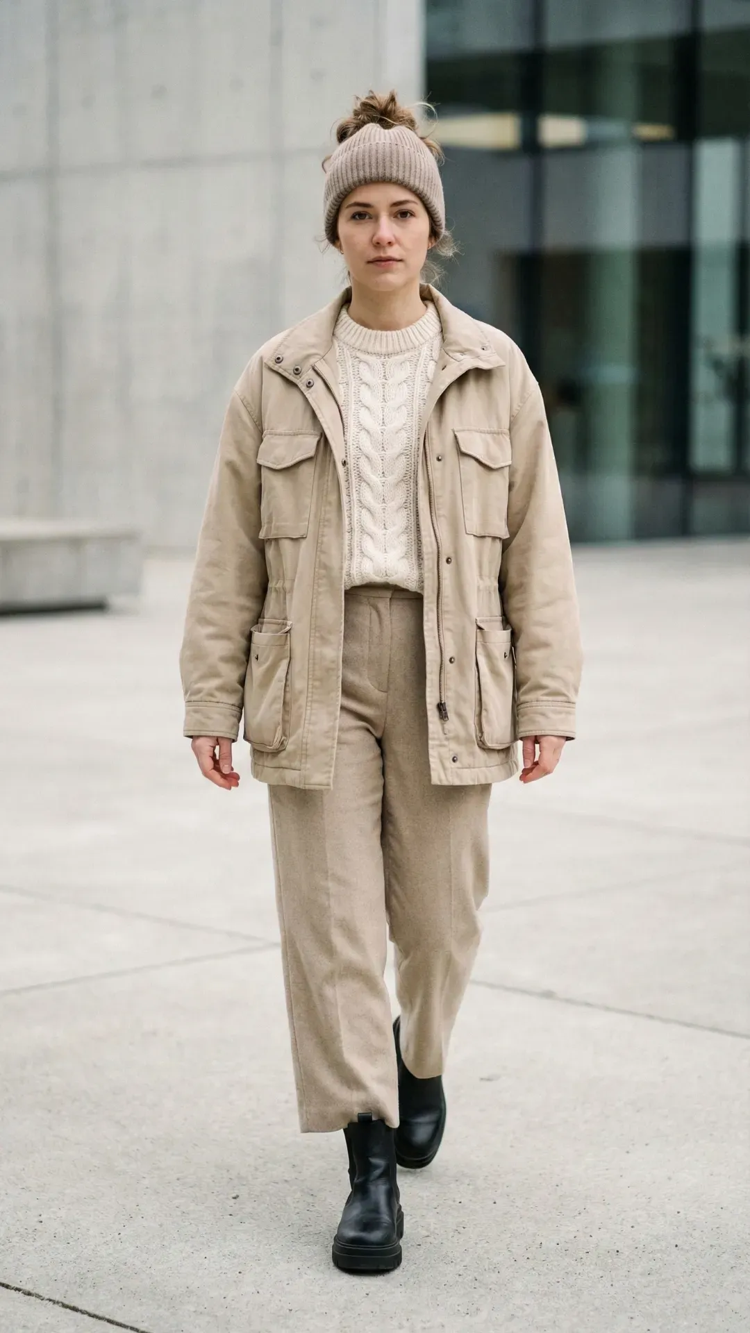 Beige Utility Jacket & Cable Knit – Minimalist urban style featuring a woman in a beige utility jacket and monochromatic trousers.