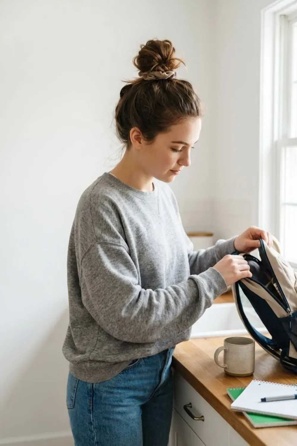 Casual Top Knot Bun - Girl packing a school bag wearing a high, messy top knot bun with a scrunchie.