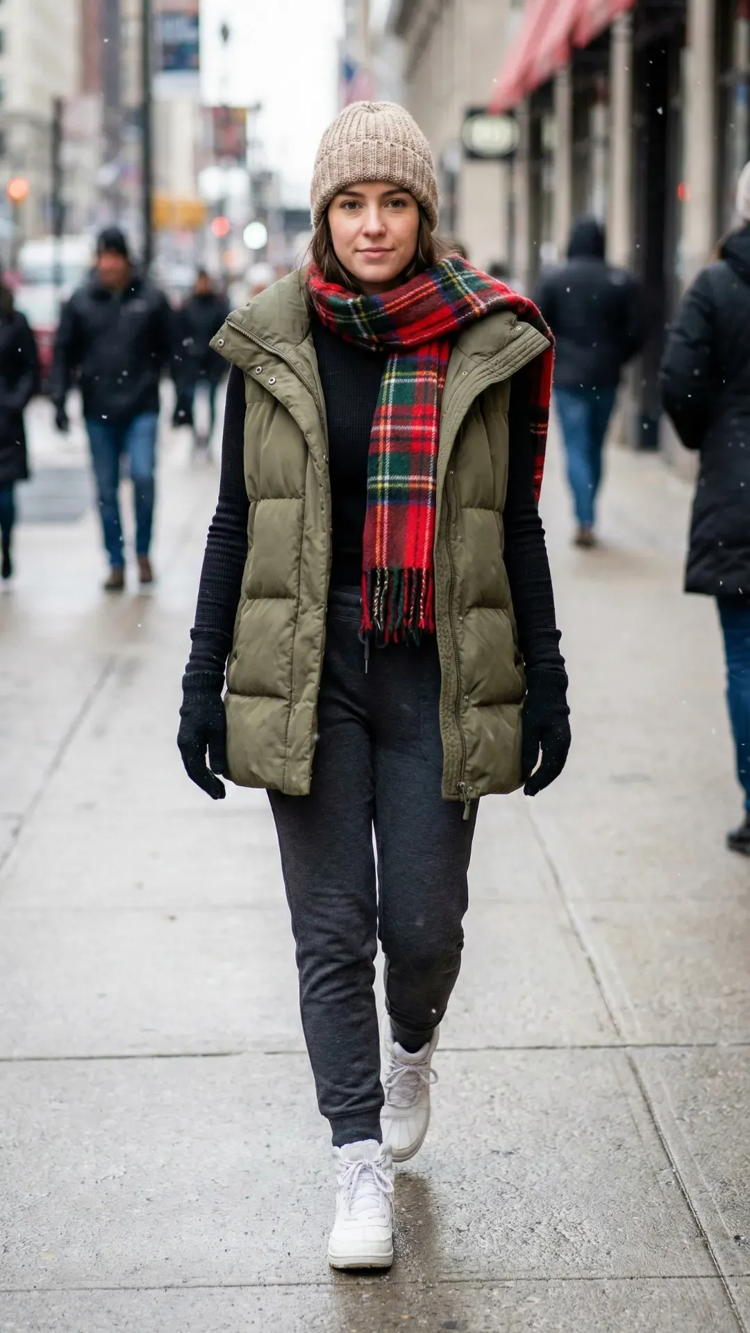 Longline Olive Puffer Vest – Casual athleisure look with an olive puffer vest, plaid scarf, and joggers on a city street.