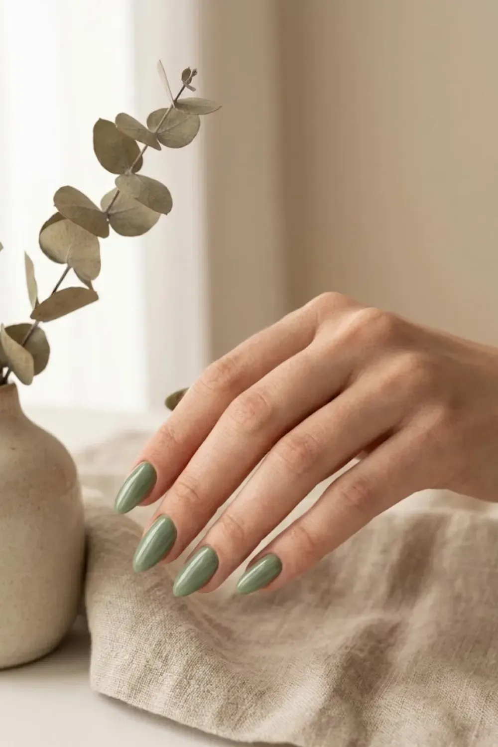 Elegant almond nails in a soft pistachio green shade.