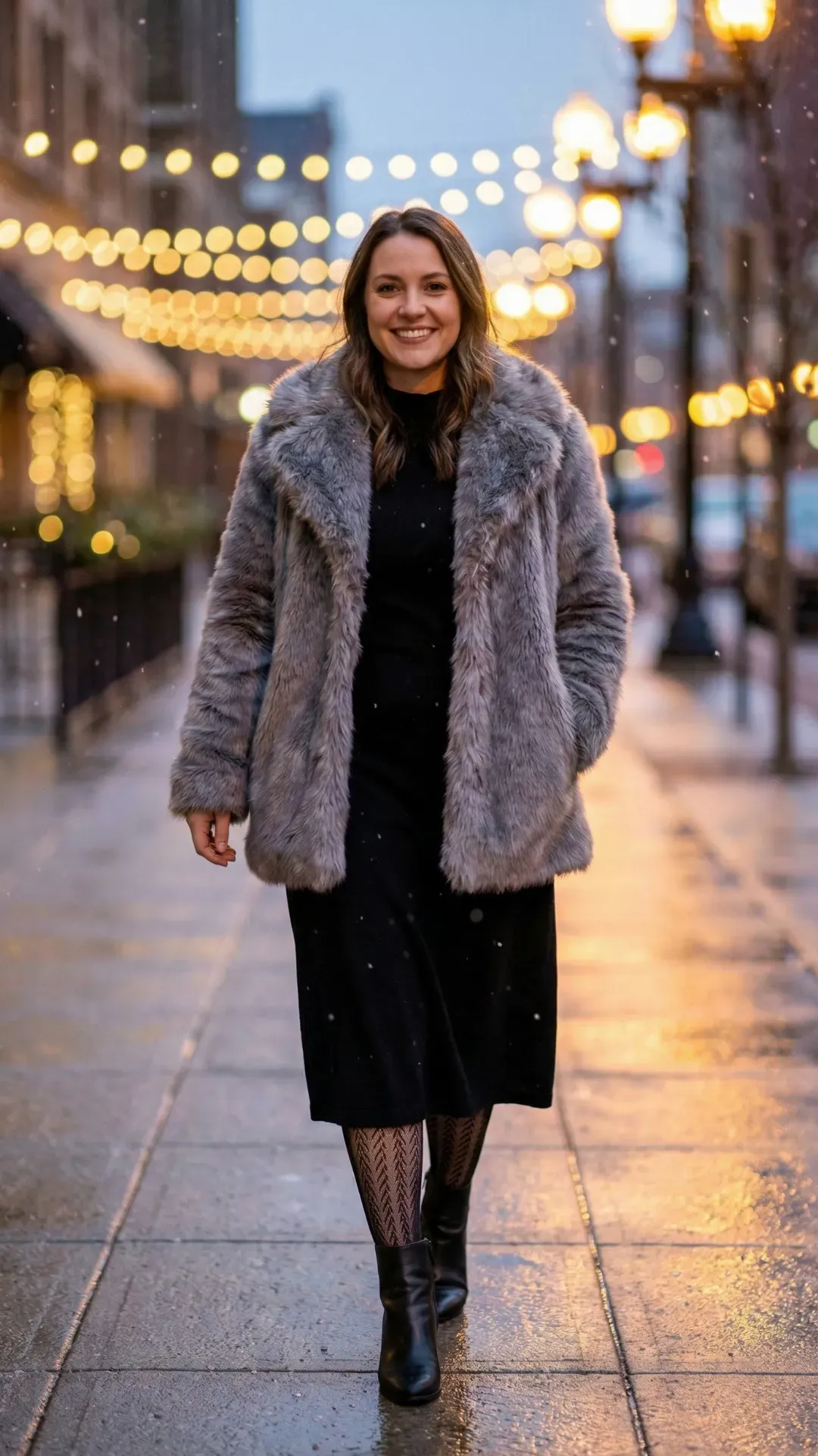 Plush Grey Faux Fur Coat – Female model walking in the evening wearing a grey faux fur coat and black midi dress with lights in background.