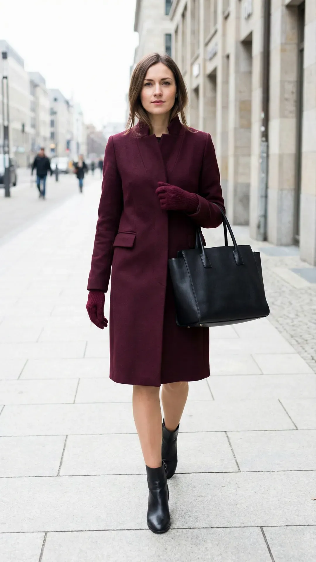 Tailored Burgundy Wool Coat – Elegant woman walking on a city sidewalk wearing a burgundy wool coat and matching gloves.