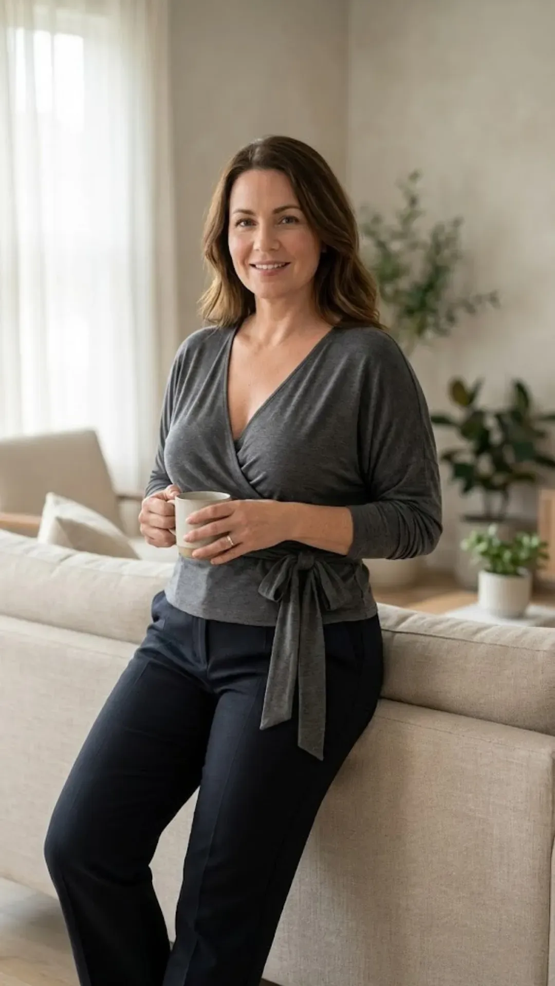 Wrap Tops for Busty Petite Women - Wrap top outfit flattering a busty petite woman over 40