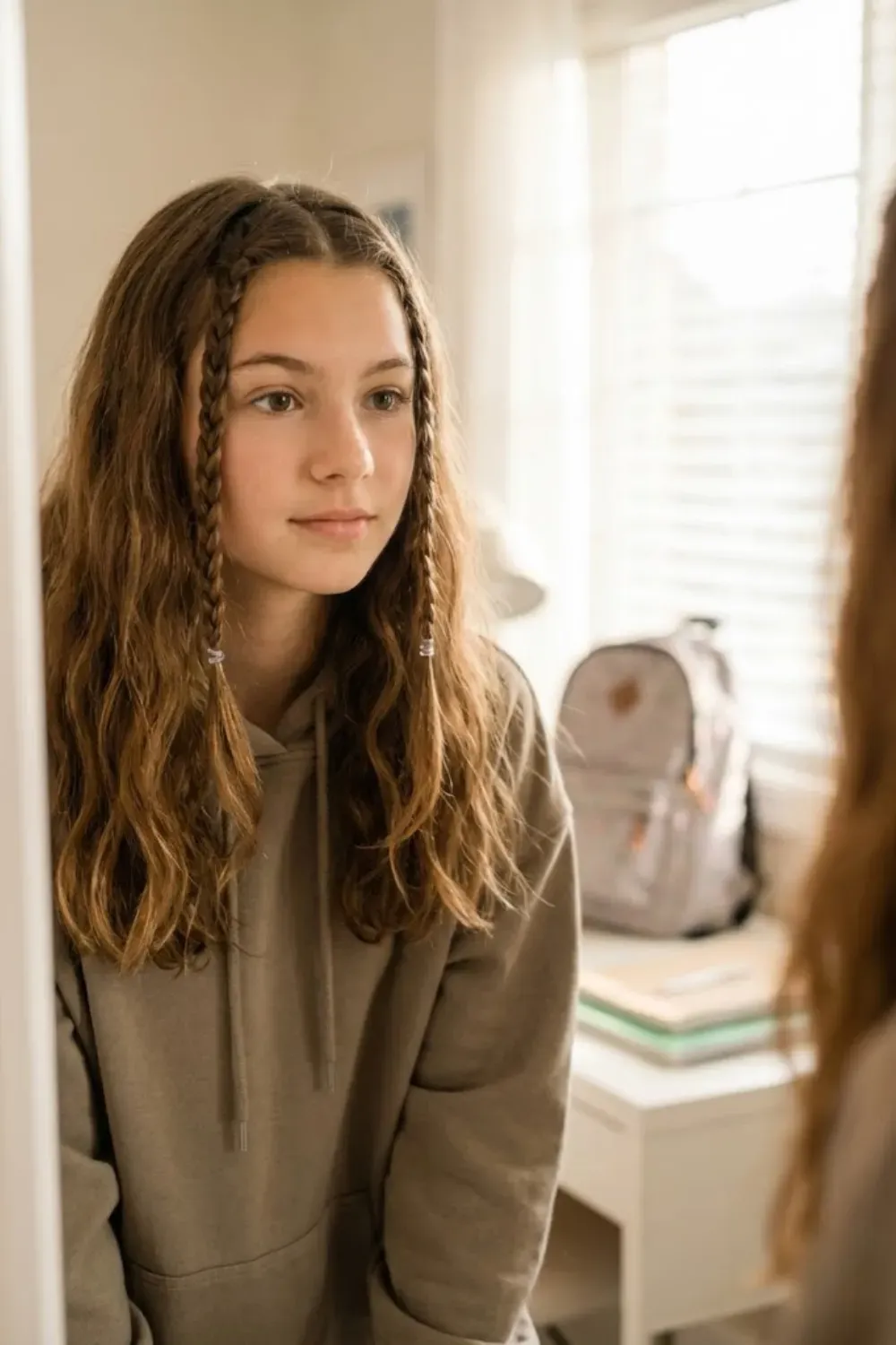 Face Framing Mini Braids - Teenager looking in mirror with loose waves and two small braids framing the face.