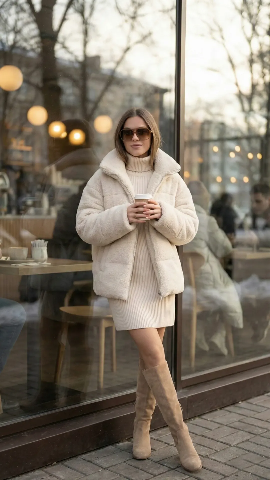 Cream Teddy Coat & Knit Dress – Cozy winter outfit with a cream teddy jacket, knit sweater dress, and suede knee-high boots.