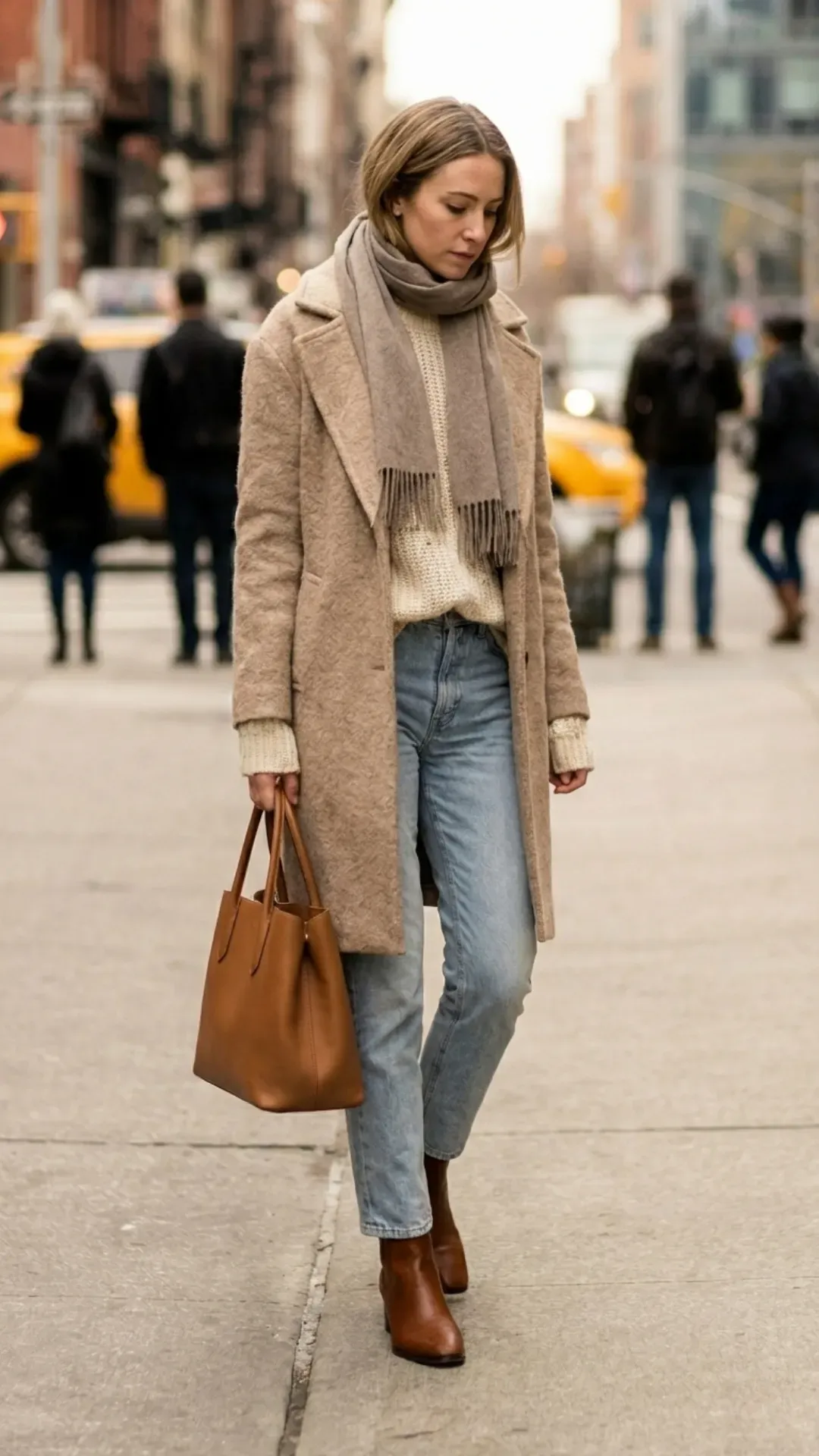 Textured Beige Coat & Straight Leg Jeans – Casual chic winter outfit with a textured beige wool coat, jeans, and a brown leather tote.