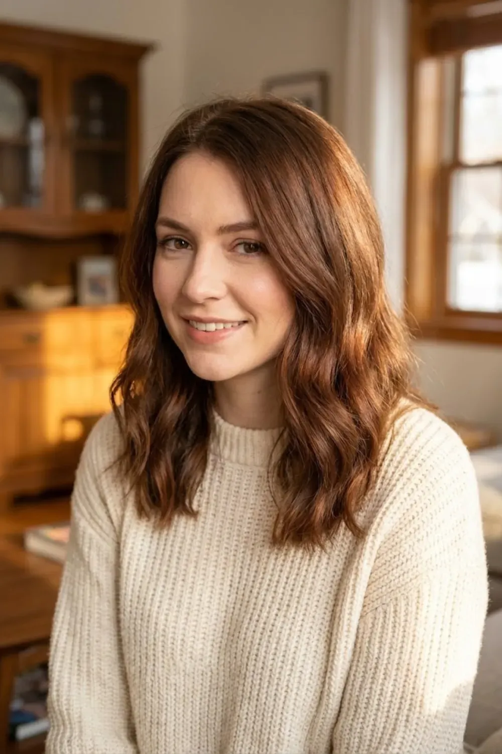 Radiant Auburn Brown Waves – Smiling woman with medium-length, wavy auburn brown hair in a warm indoor setting