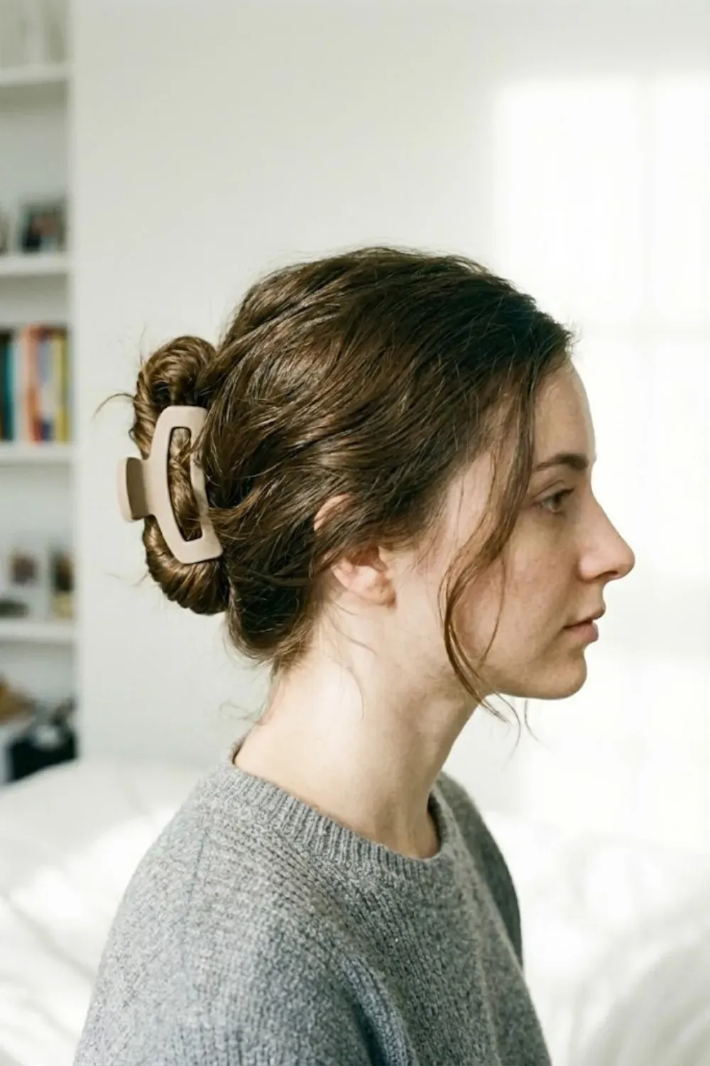 Neutral Claw Clip Updo - Side profile of a messy French twist hairstyle held with a matte beige claw clip.