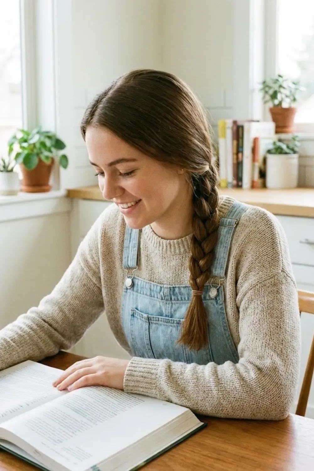 Cozy Side Braid Reading - Girl reading a book with a thick, loose side braid and denim overalls.