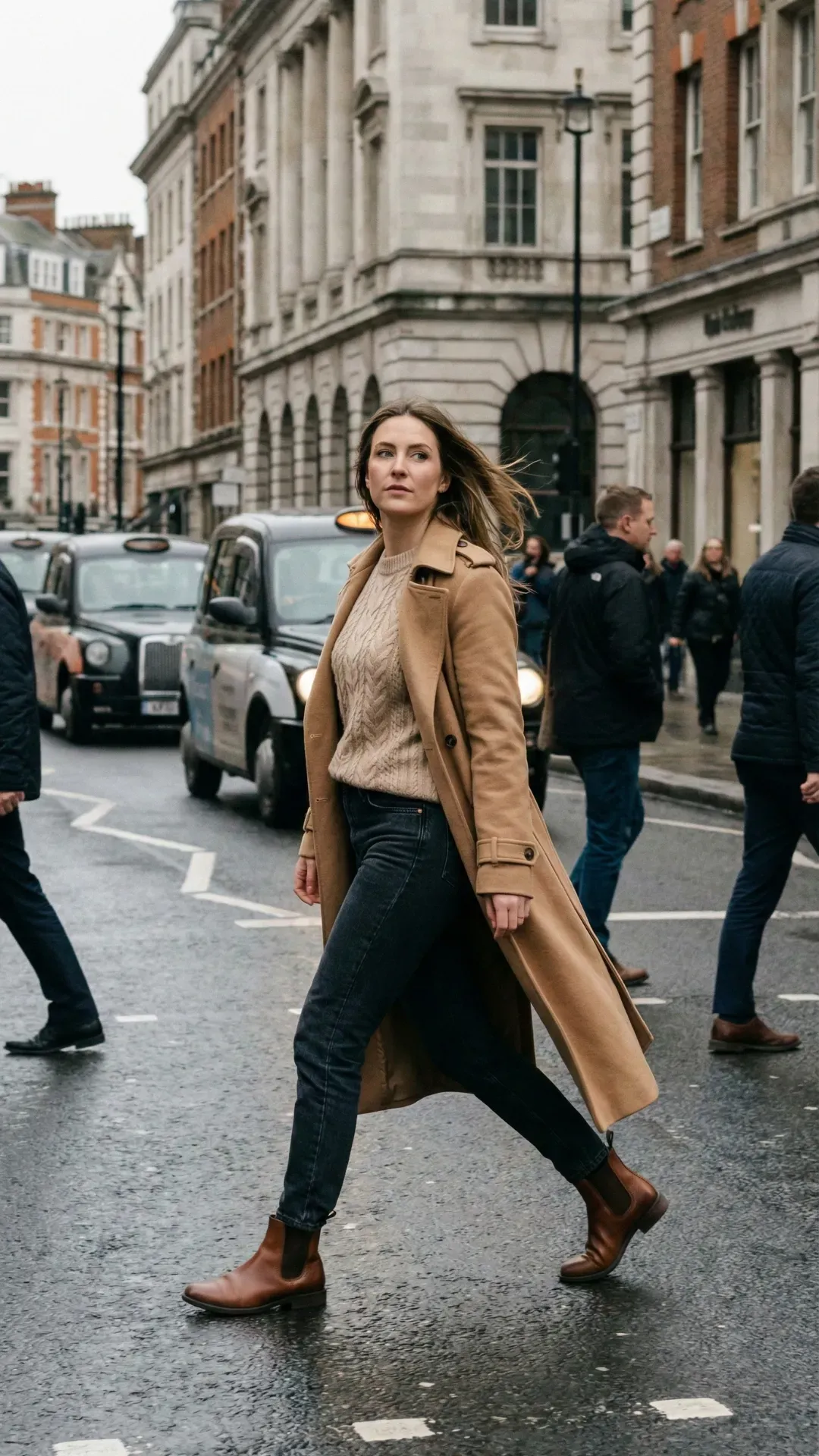 Long Camel Coat & Chelsea Boots – Woman crossing a rainy street in London wearing a long camel coat and chunky Chelsea boots.