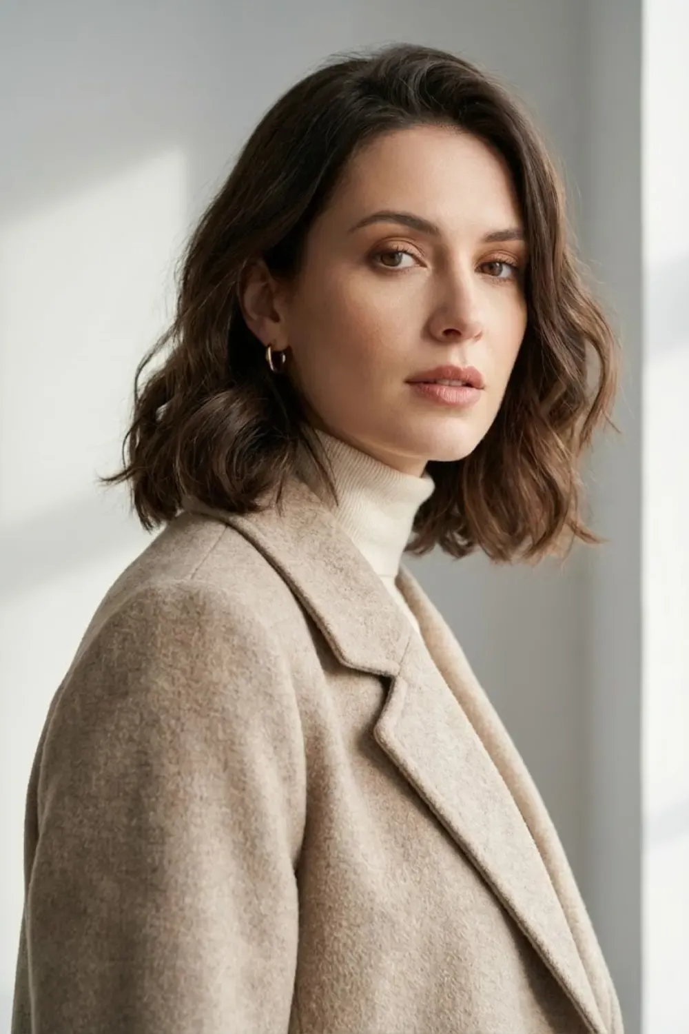 Textured Chocolate Chestnut Bob – Woman with a textured, wavy chocolate chestnut brown bob haircut wearing a beige coat indoors.