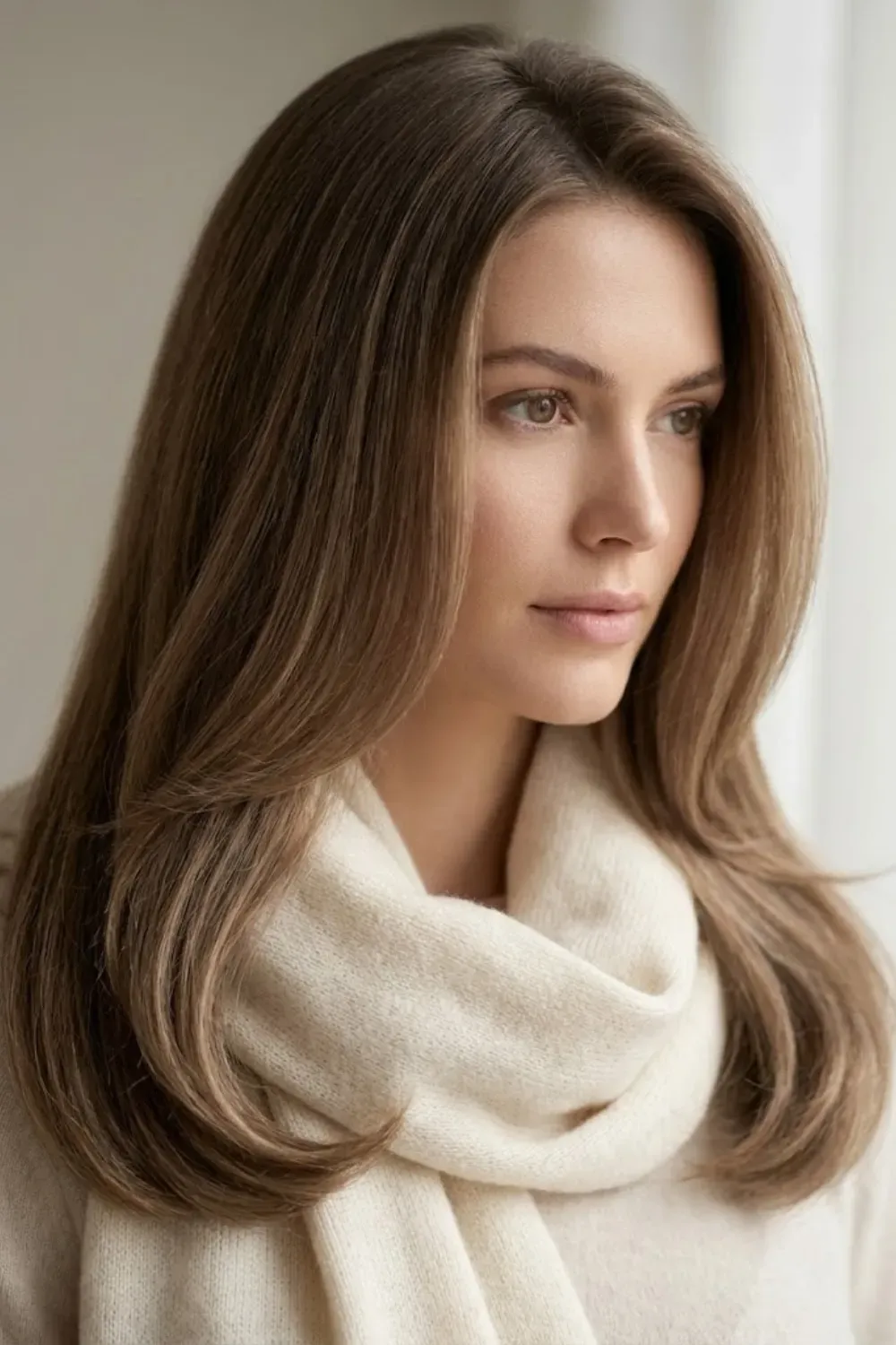 Soft Beige "Bronde" Balayage – Woman with long, soft beige bronde hair featuring subtle balayage highlights, wearing a cream knitted scarf