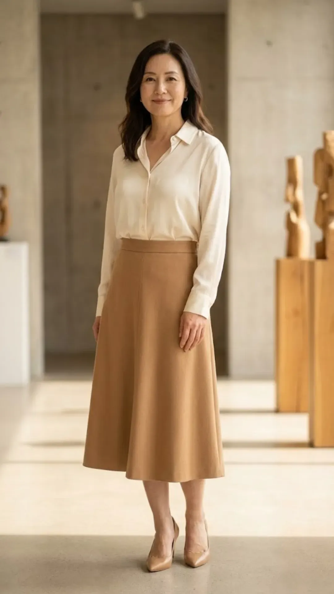 A-Line Skirt Styling After 40 - Busty petite woman wearing an A-line skirt