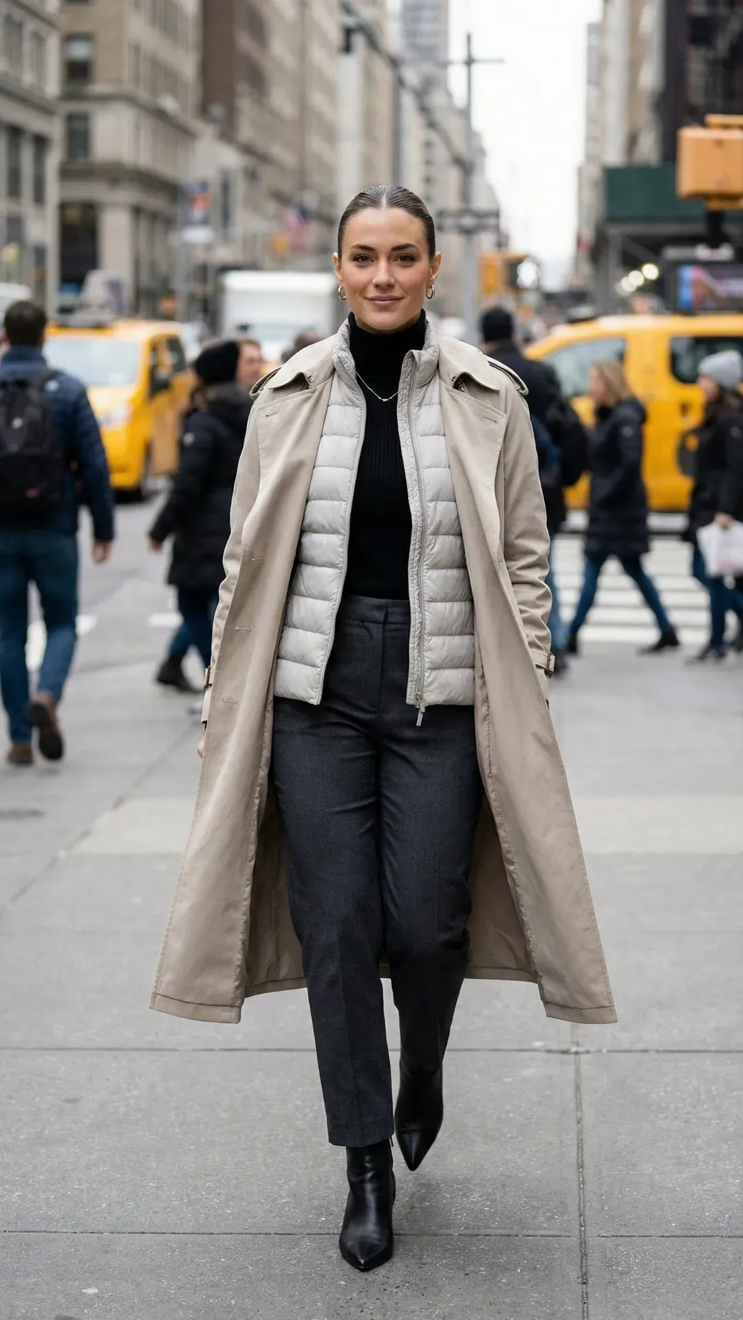Trench Coat over Grey Down Vest – Professional woman wearing a beige trench coat layered over a grey lightweight puffer vest.