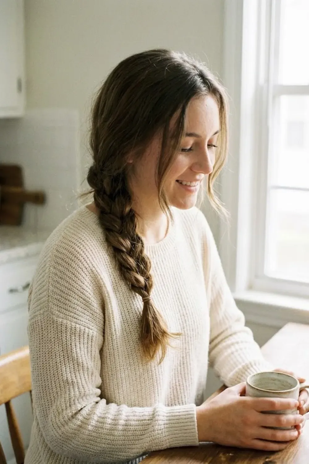 Relaxed Side Braid with Coffee - Girl holding a ceramic mug with a loose, textured side braid in soft light.