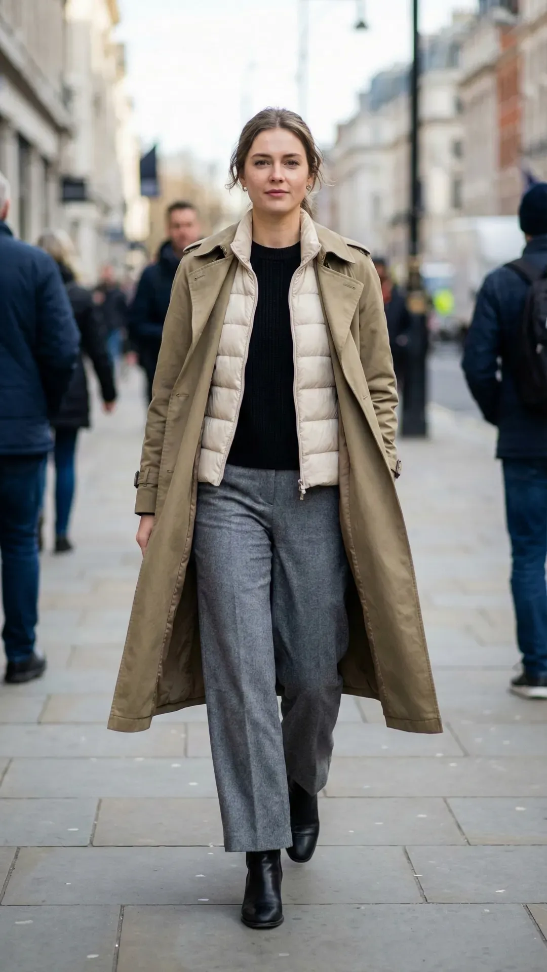 Classic Khaki Trench & Cream Vest – Modern city walk style featuring a khaki trench coat open over a cream puffer vest and grey trousers.
