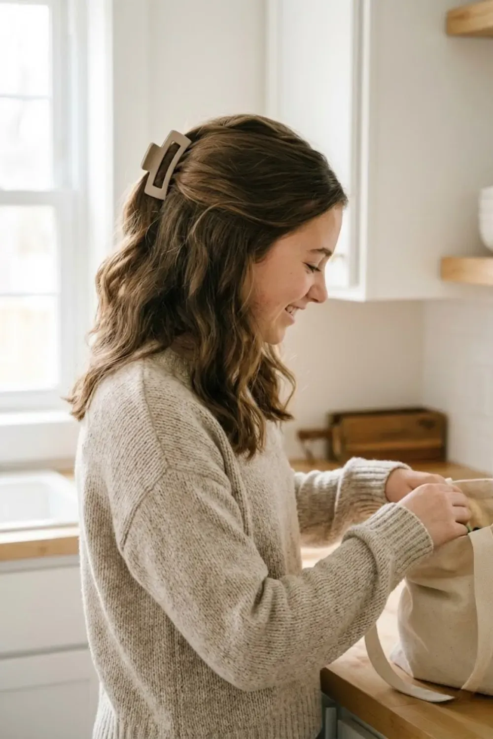 Half-Up Hair with Claw Clip - Girl placing items in a tote bag, wearing a half-up hairstyle secured with a beige clip.