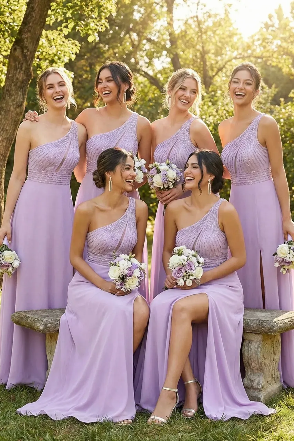Five bridesmaids posing on a stone bench in a park wearing lilac purple dresses with one-shoulder necklines and intricate beading on the bodice, smiling and laughing.