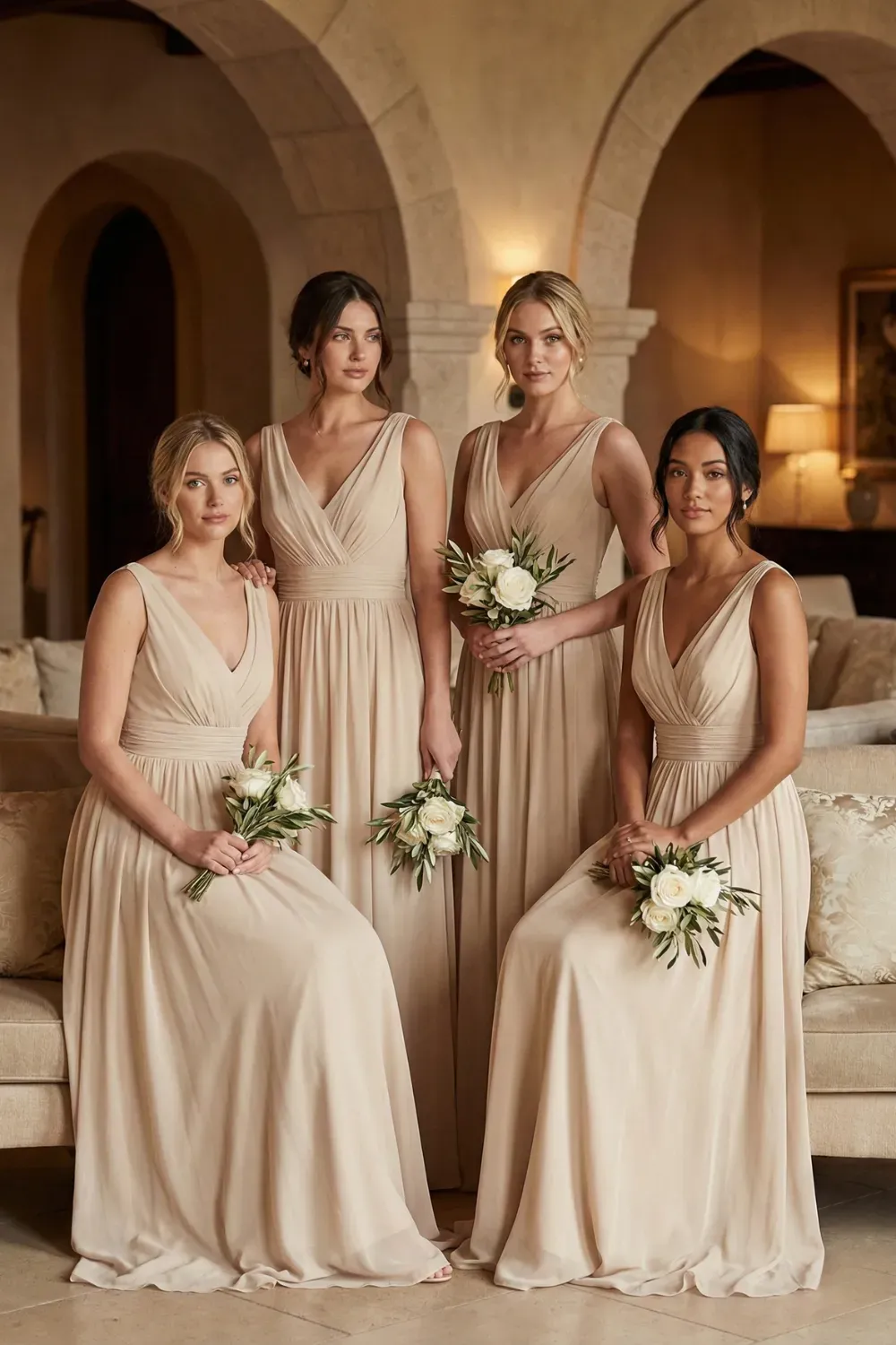Four bridesmaids, two seated and two standing, wearing matching champagne beige V-neck chiffon dresses with gathered waists, posing in front of stone arches.