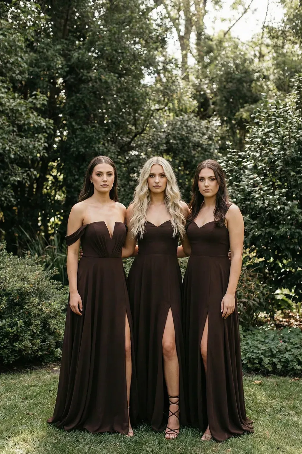 Three bridesmaids standing on grass wearing dark chocolate brown floor-length dresses with sweetheart necklines and high leg slits, posing seriously in a sunlit garden.