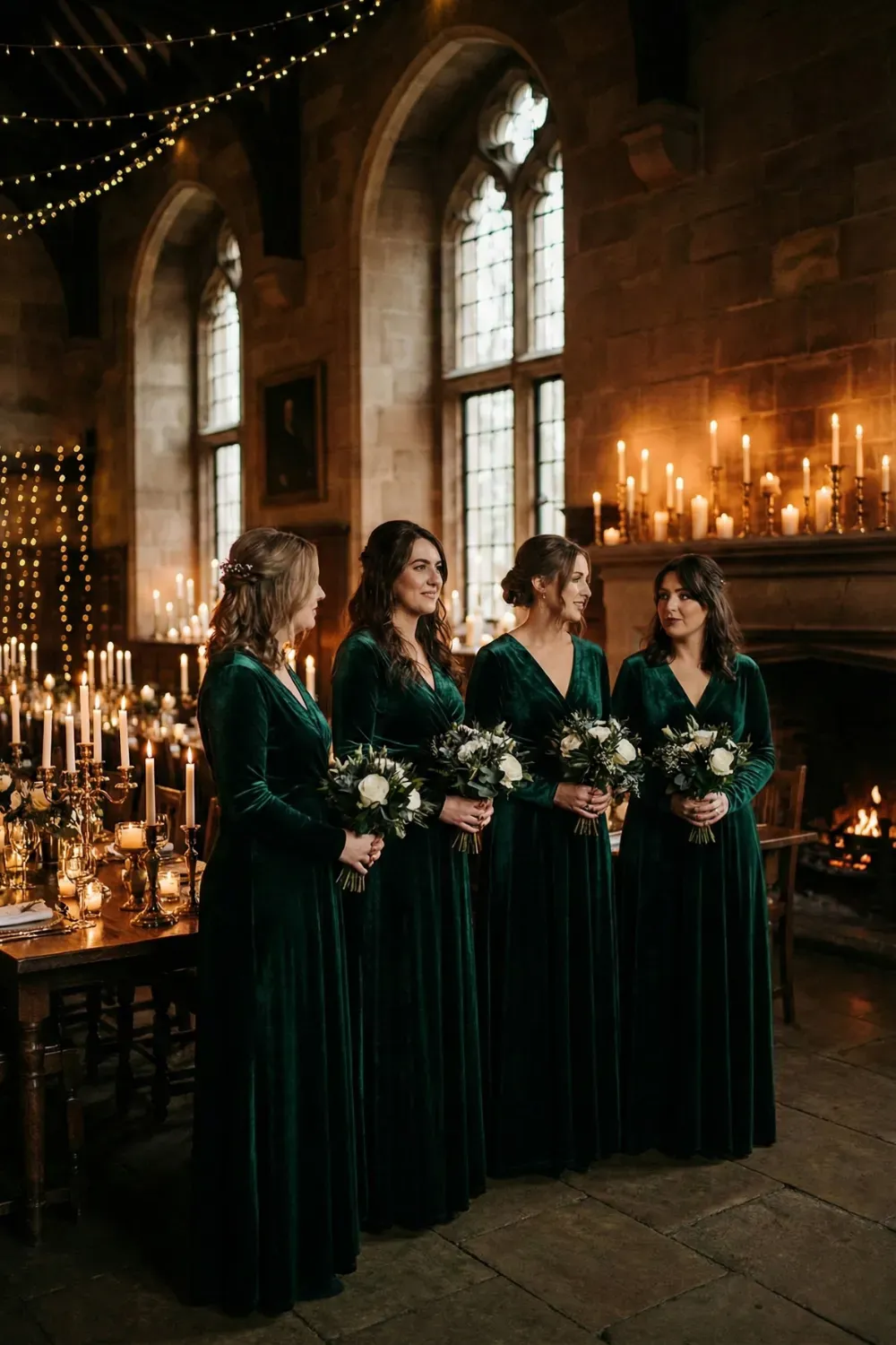Four bridesmaids standing in a dimly lit, candlelit stone hall wearing matching emerald green long-sleeve velvet wrap dresses, holding white rose bouquets.