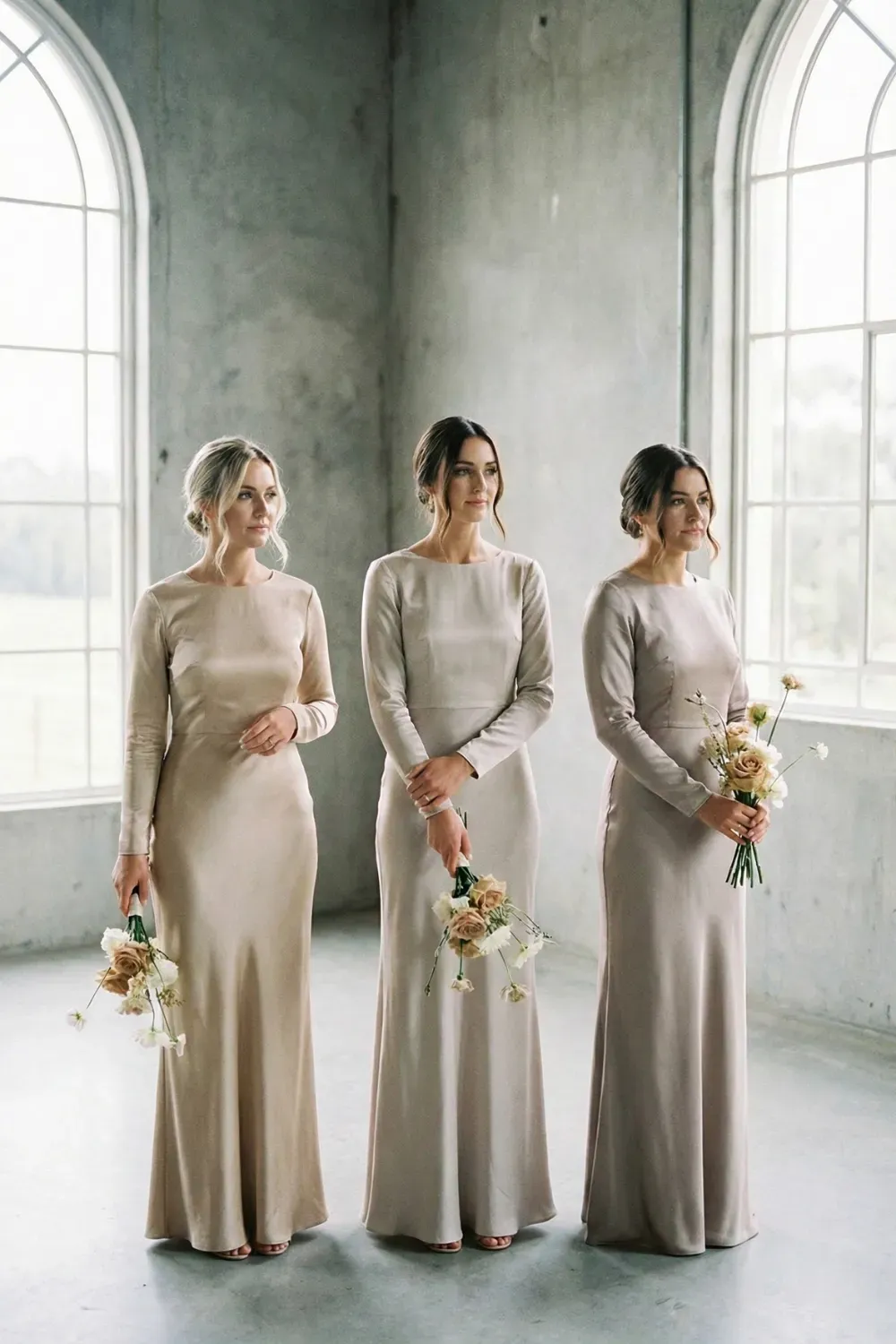 Three bridesmaids standing indoors by large arched windows wearing matching long-sleeve oyster colored satin gowns with high boat necklines, holding minimal bouquets.