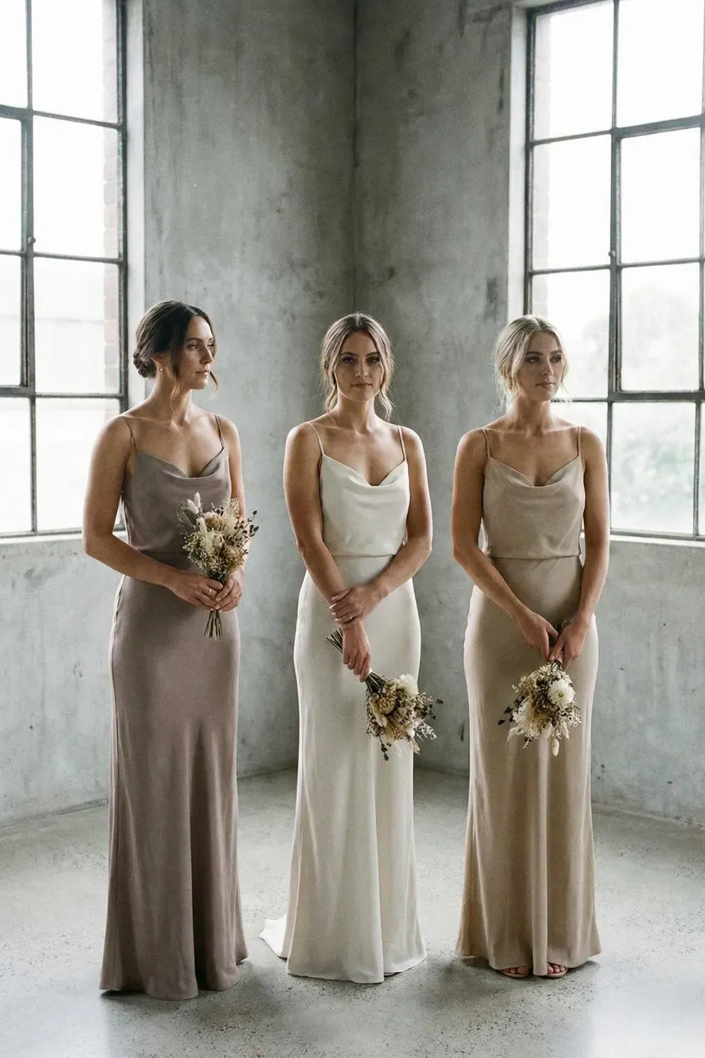 Three bridesmaids standing in a concrete studio wearing floor-length cowl neck slip dresses in shades of taupe, cream, and beige, holding dried flower bouquets.