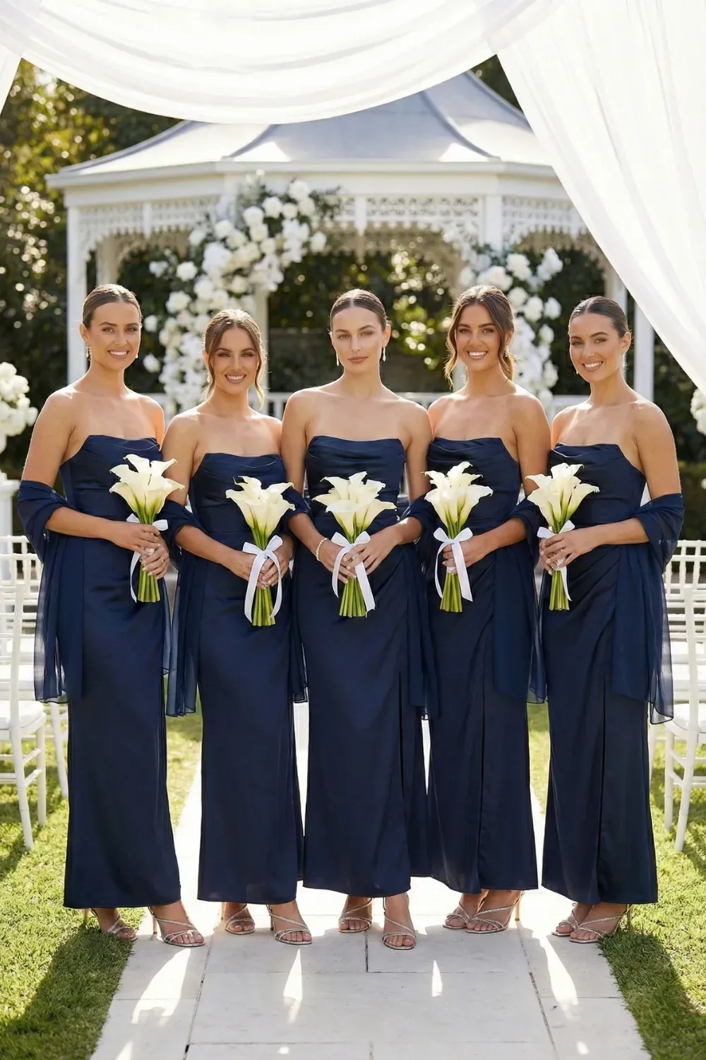 Five bridesmaids standing on a paved aisle wearing matching navy blue strapless column dresses with navy shawls, holding long-stemmed white calla lilies in front of a white wedding gazebo.