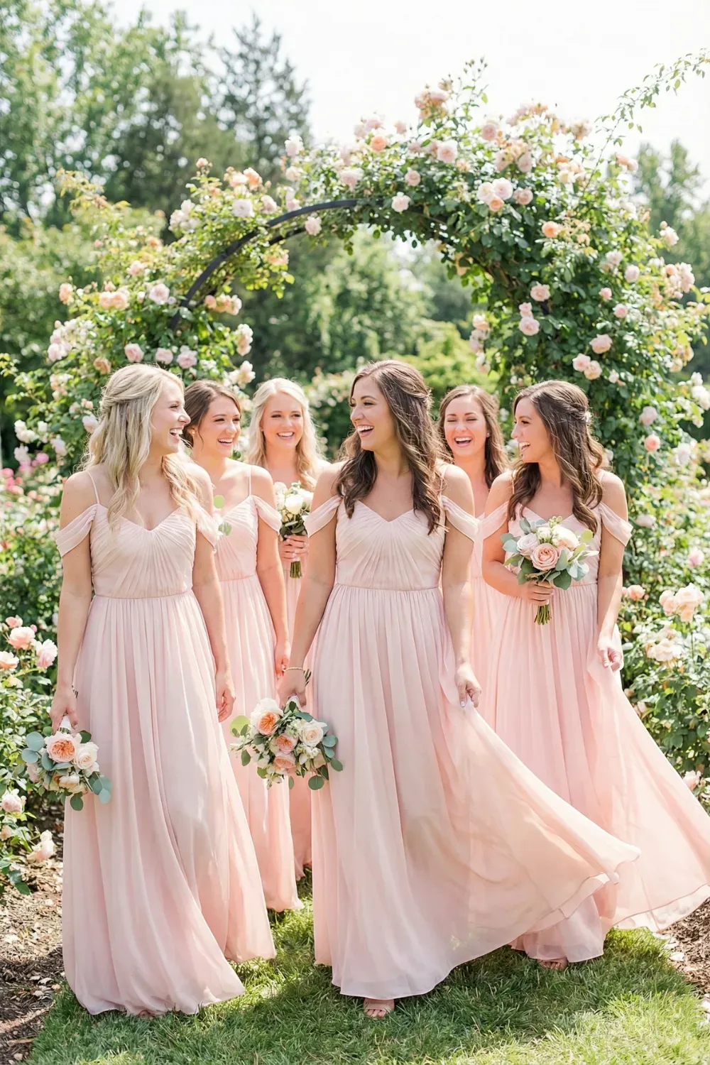 A group of joyful bridesmaids walking through a garden rose arch wearing matching blush pink chiffon dresses with cold-shoulder sleeves and pleated bodices.