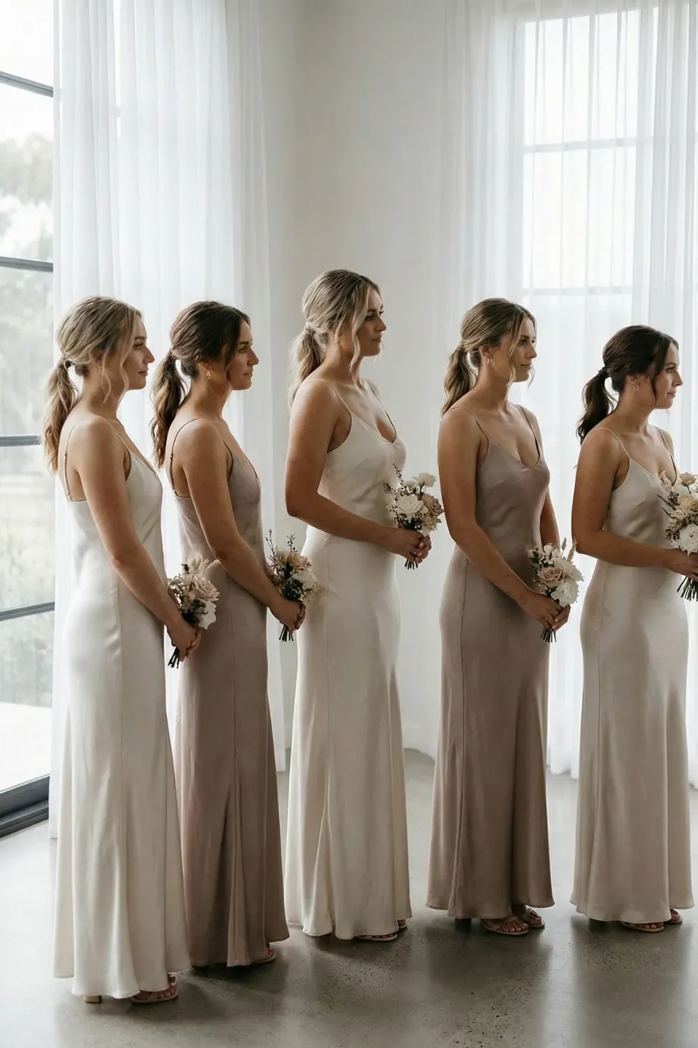 Five bridesmaids standing in profile in a line wearing satin slip dresses in a gradient of colors from ivory to champagne to dusty rose, holding small bouquets.