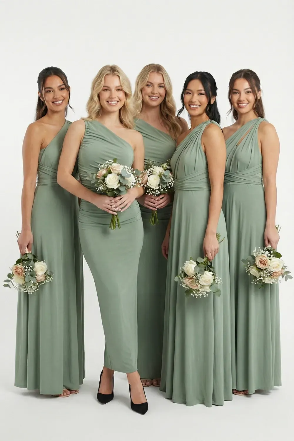 Five bridesmaids standing in a row wearing floor-length sage green multi-way dresses with different necklines, holding bouquets of white roses and eucalyptus against a white studio background.