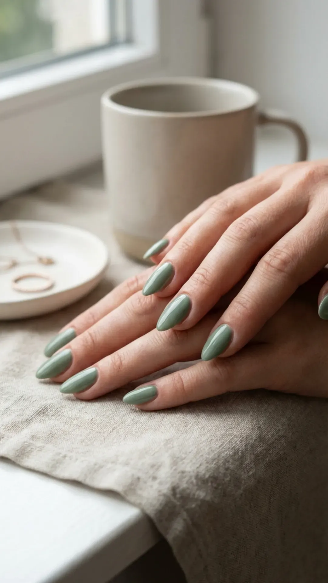 Glossy sage green almond nails minimalist manicure close‑up
