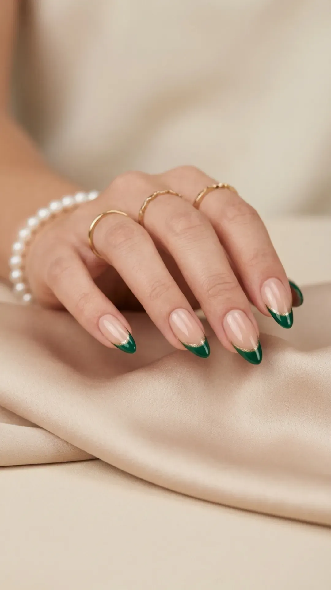 Nude almond nails with emerald French tips elegant manicure