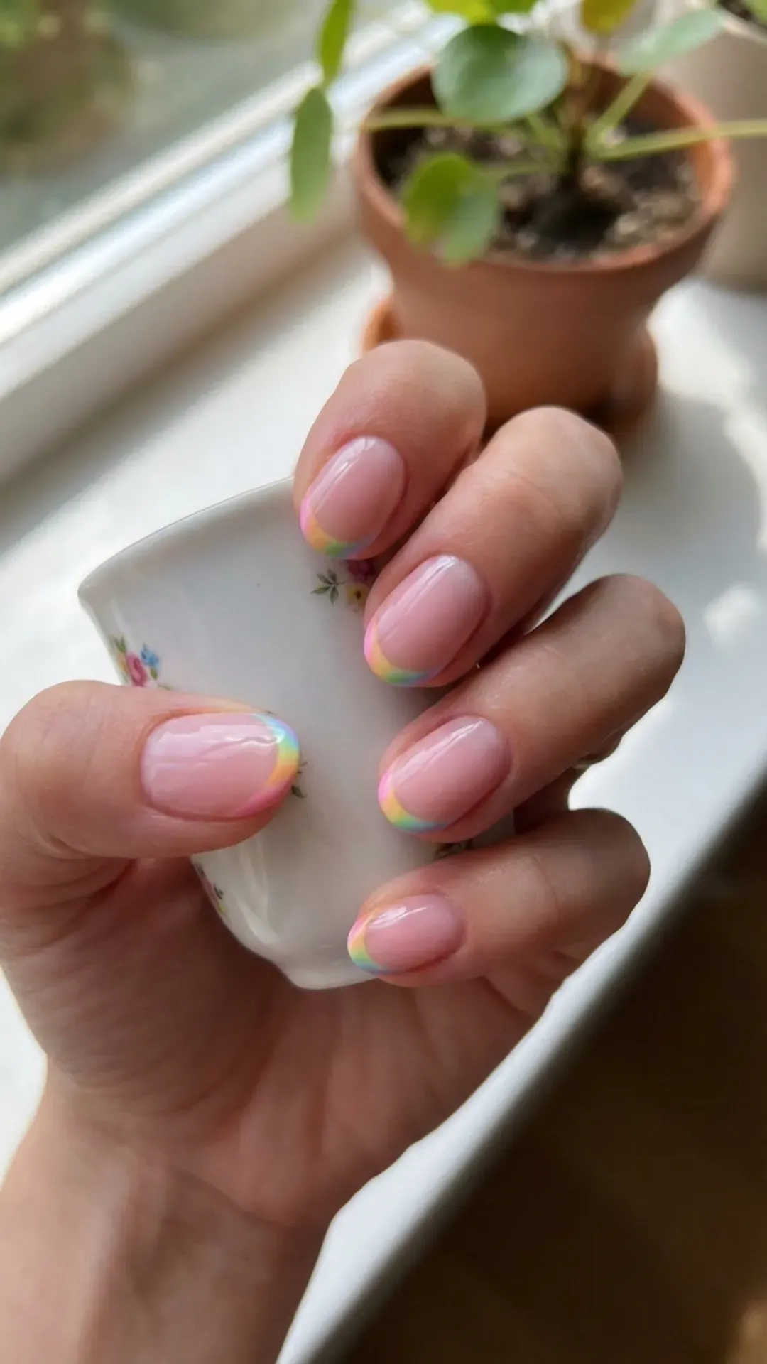 micro French tip March nails with pastel colors on nude base
