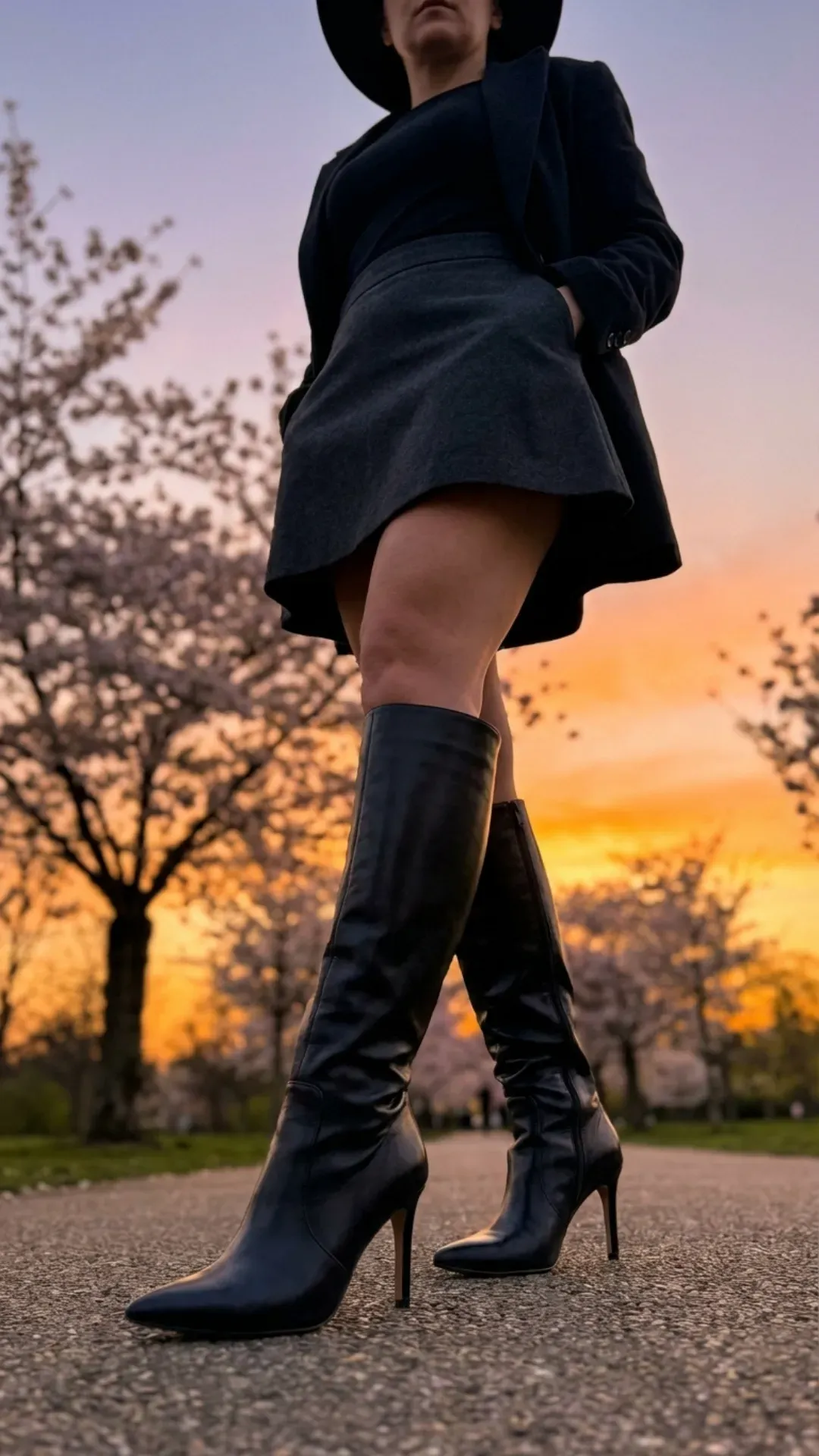 A woman wearing tall black stiletto boots, a dark mini skirt, and a blazer silhouetted against a vibrant spring sunset with cherry blossom trees.