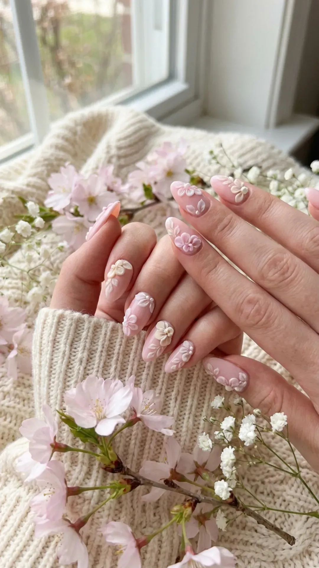 Pastel pink 3D flower gorgeous nails, spring manicure aesthetic