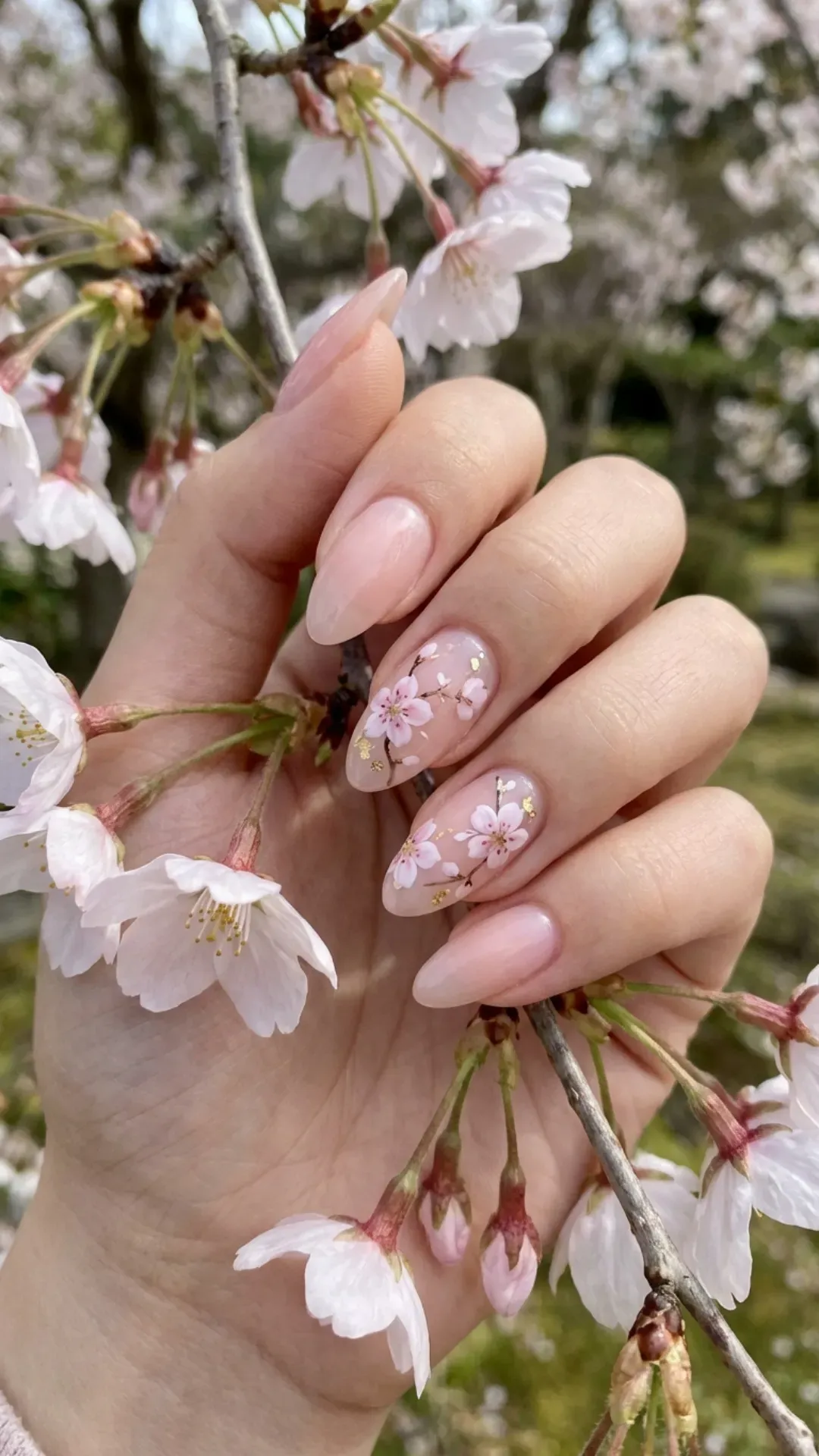 cherry blossom March nails on sheer pink base