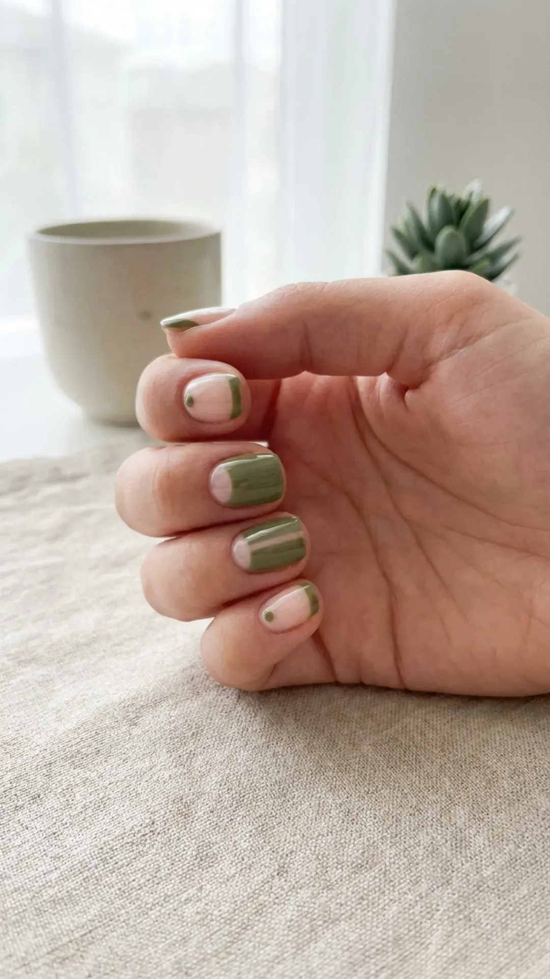 Olive green nails with nude negative space minimalist design