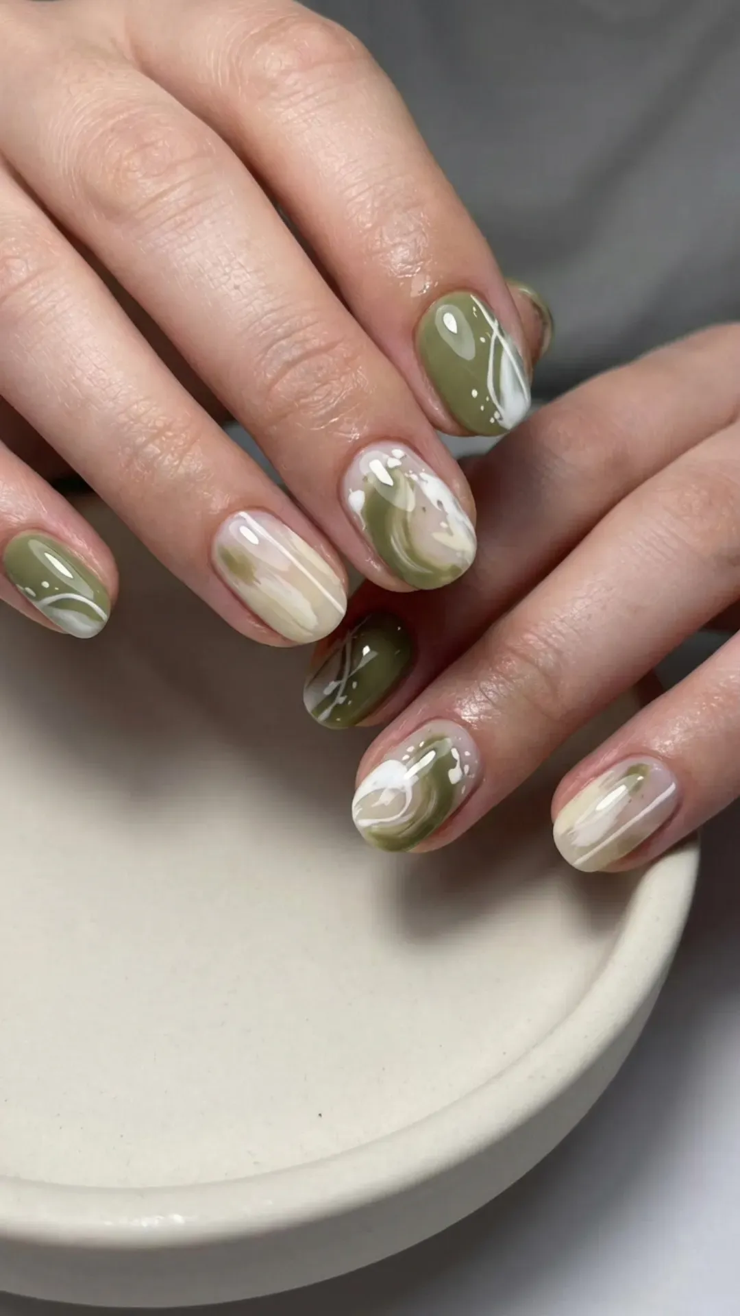  Olive and white abstract nail art glossy contemporary manicure