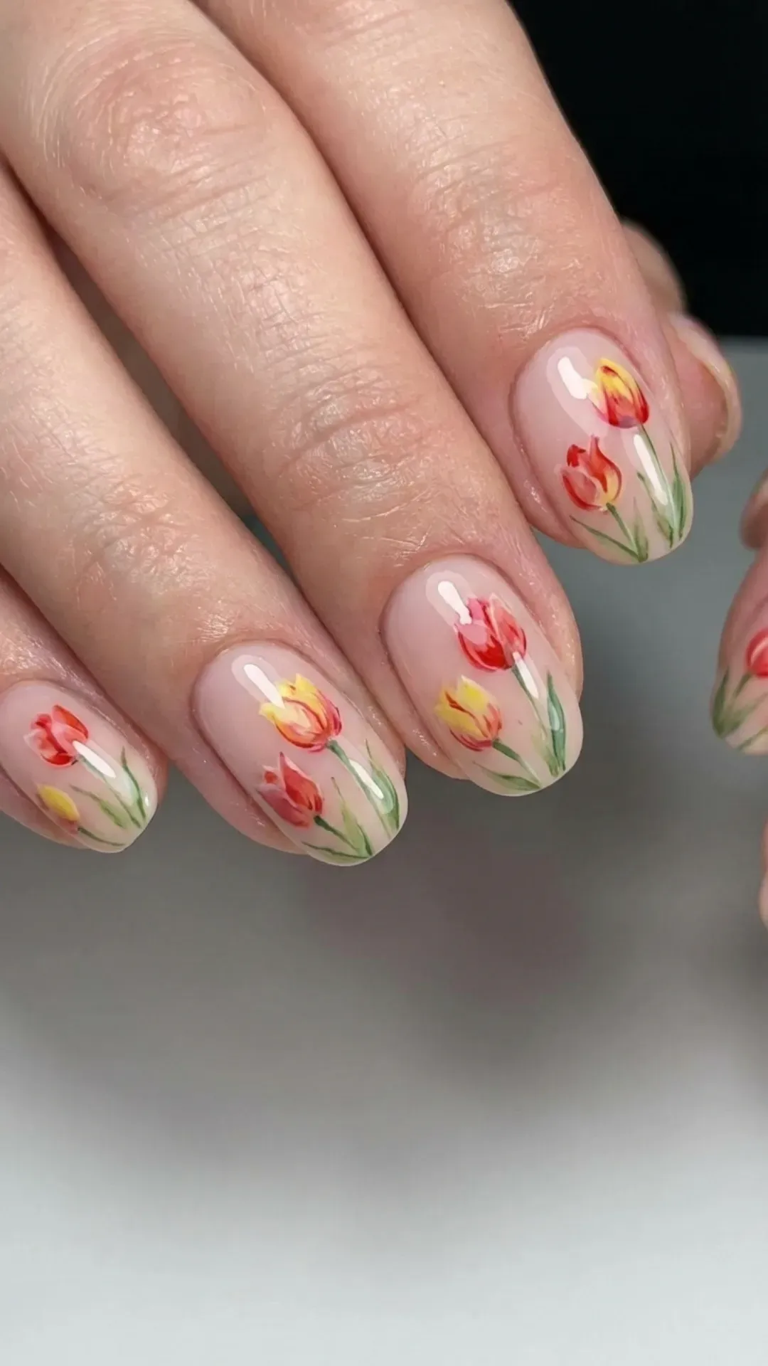 tulip flower March nails on nude base