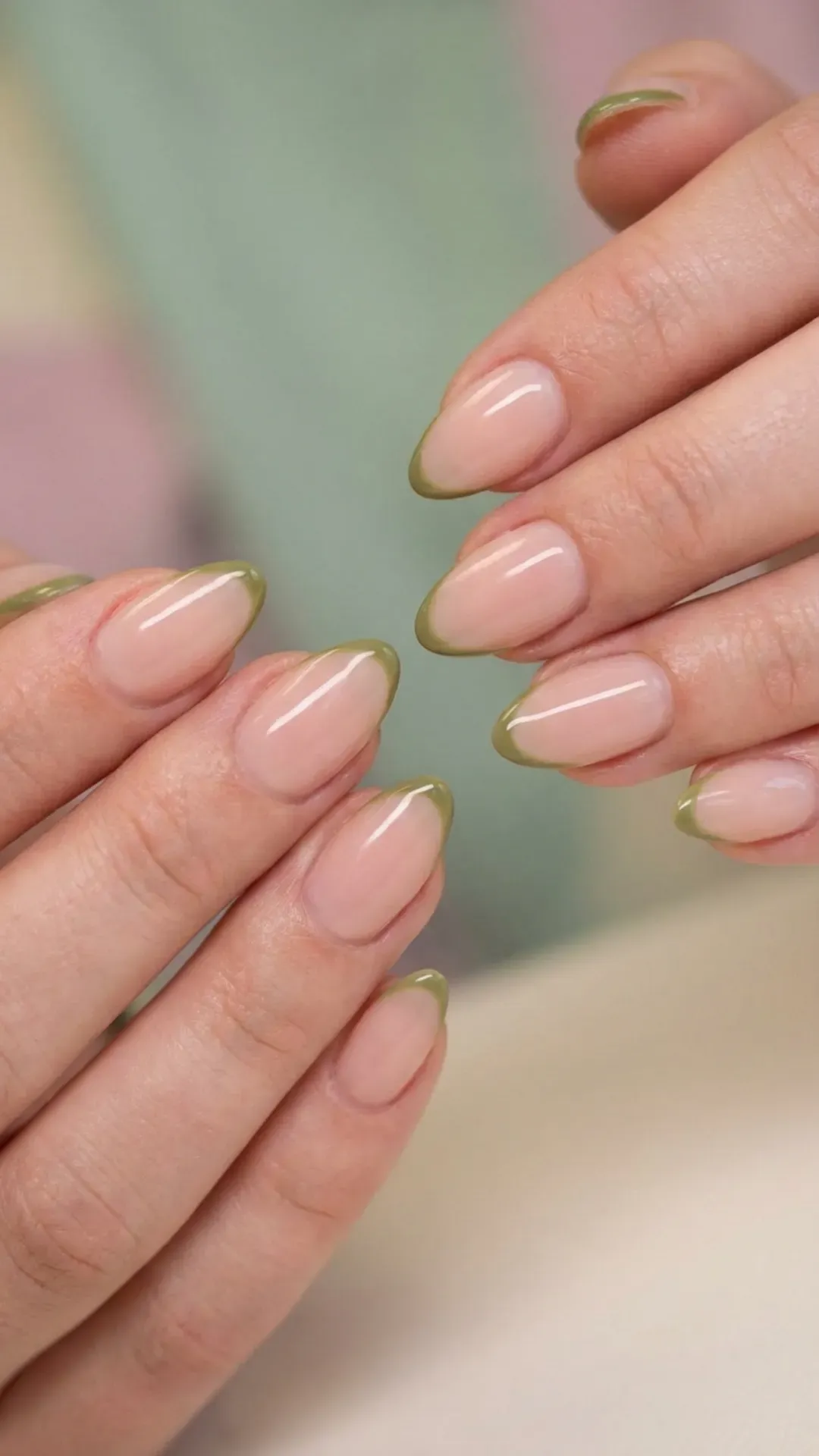 Nude nails with micro olive green French tips minimalist look 