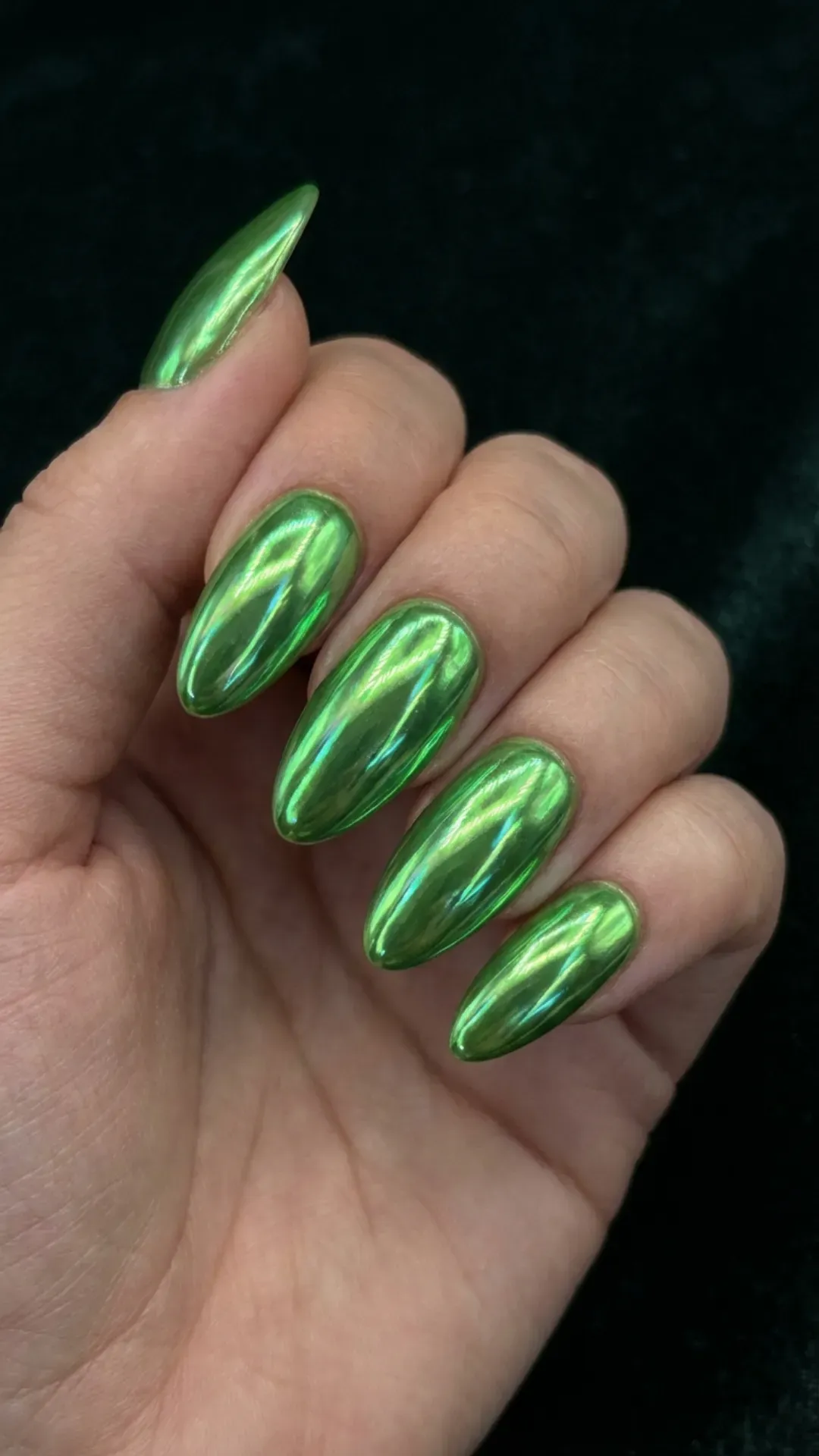 Bright green chrome mirror nails futuristic metallic shine