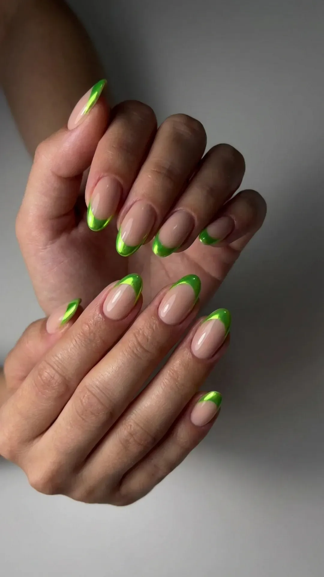 Nude nails with neon green chrome tips bold trendy style