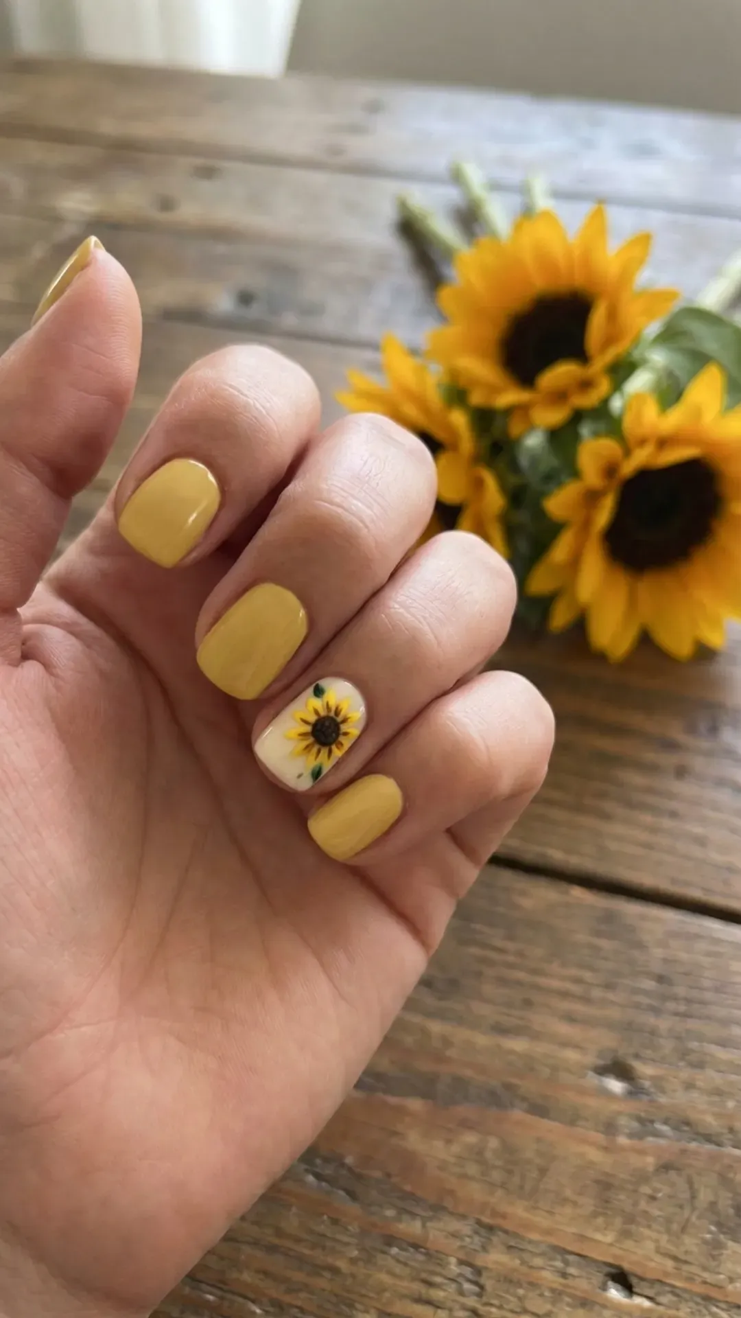 sunflower accent March nails with yellow floral design