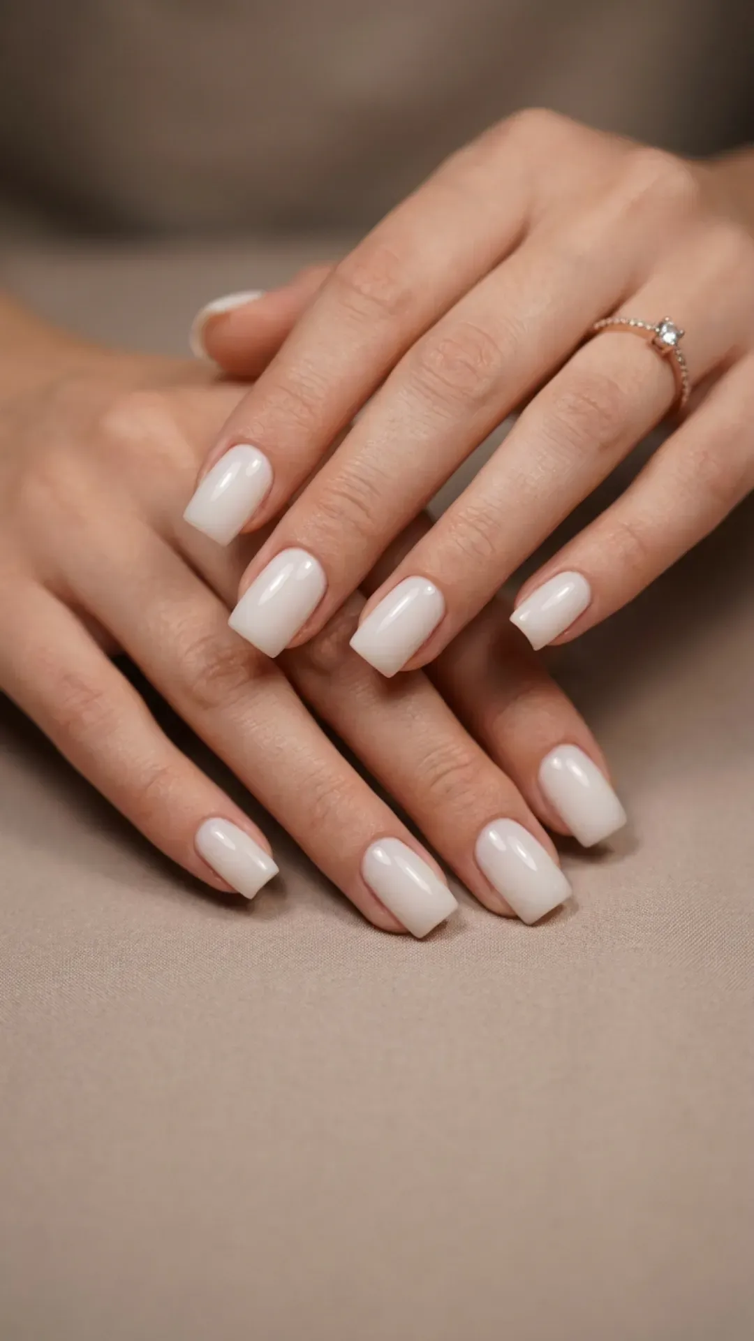 Milky white gel gorgeous nails, square shape, minimalist manicure
