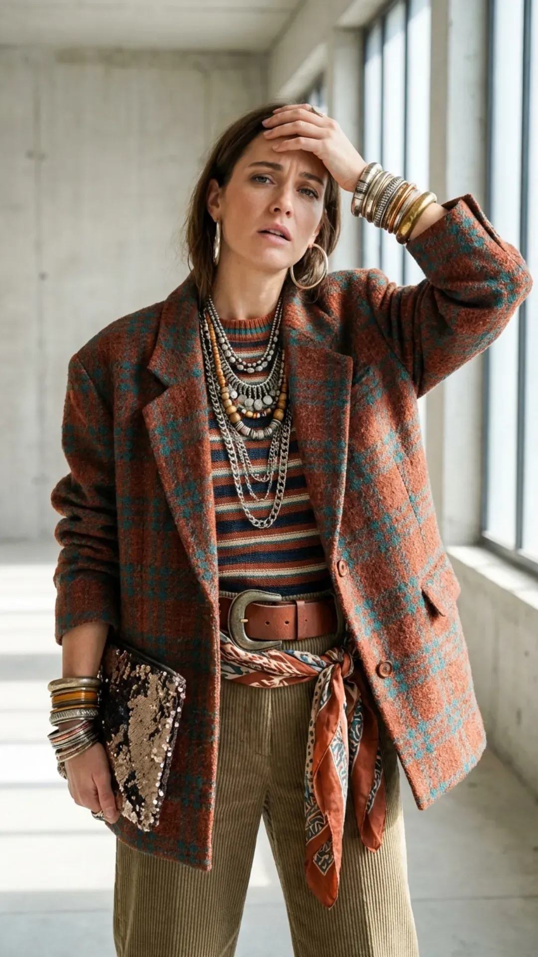 Layered outfit with multiple accessories and textures illustrating how too many focal points can make a look feel visually heavy