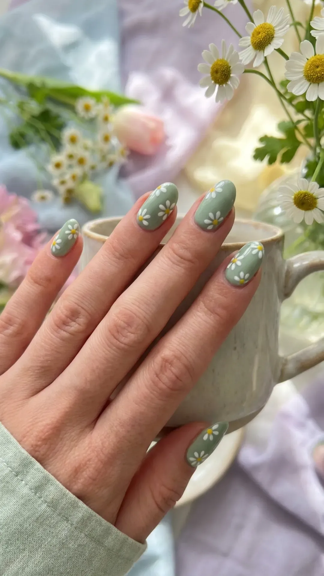 Green nails with white daisy floral nail art spring style