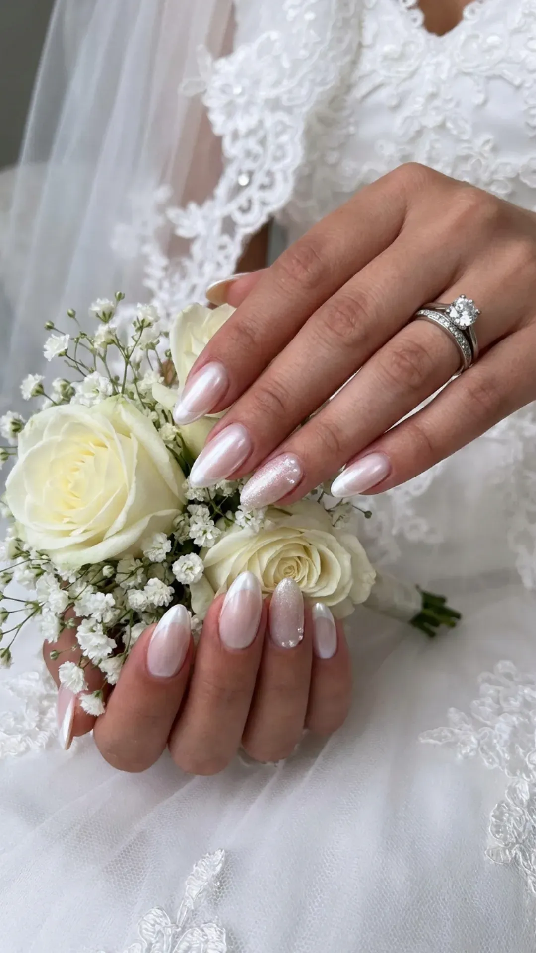 Pearl French tip gorgeous nails, elegant bridal manicure